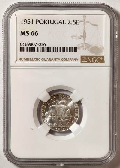 紫瑗钱币——第578期 - 葡萄牙 1951年 帆船 2.5埃斯库多 银币 NGC MS66