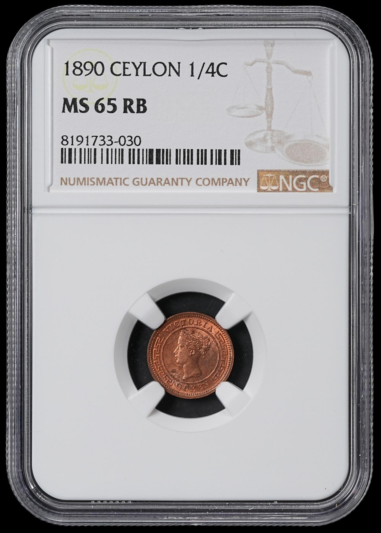 修遠堂世界钱币第六十二期 NGC MS65RB 1890年英属锡兰1/4分铜币