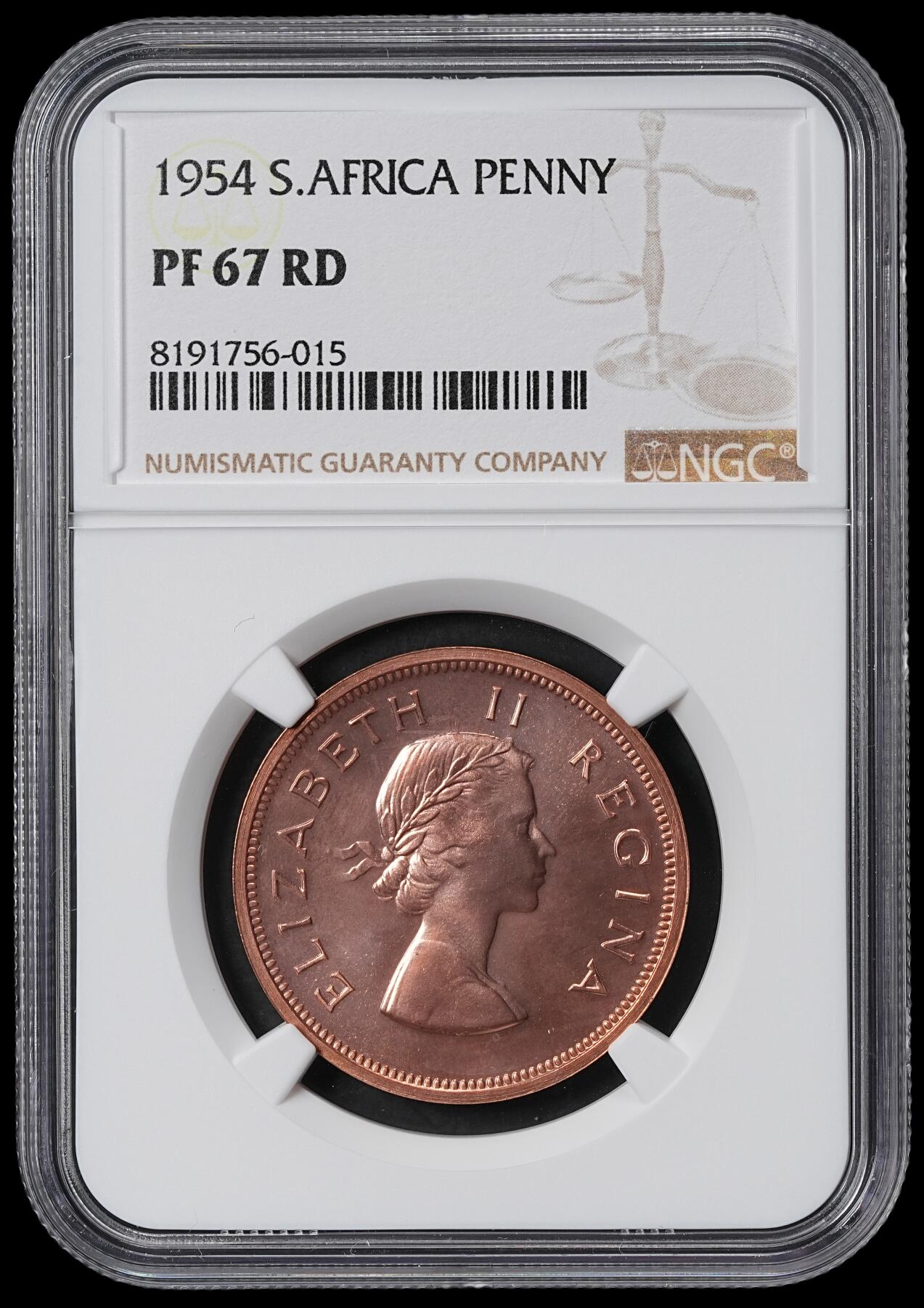 修遠堂世界钱币第六十二期 NGC PF67RD 1954年南非1便士精制铜币 仅铸造3150枚 RD顶级状态 冠军分