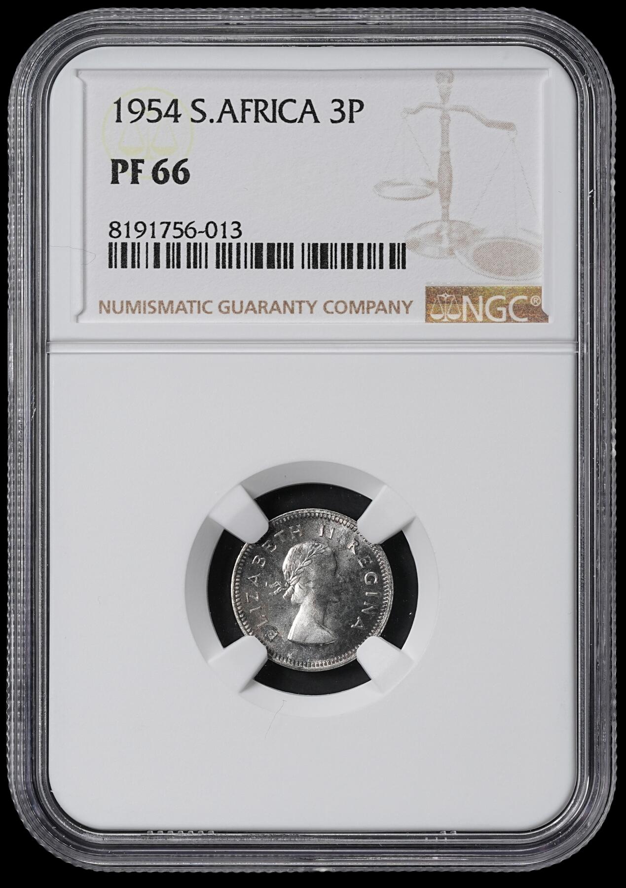 修遠堂世界钱币第六十二期 NGC PF66 1954年南非3便士精制银币 仅铸造3150枚