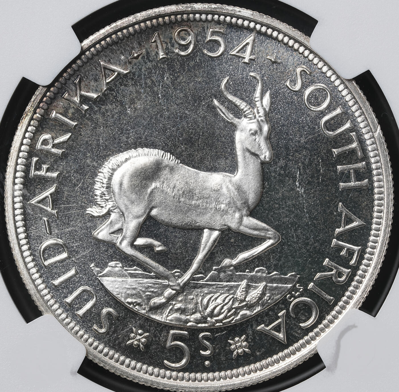修遠堂世界钱币第六十二期 NGC PF66 1954年南非5先令精制大银币 仅铸造3150枚