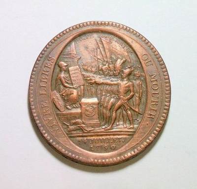 法国1792年 大革命莫奈龙5索尔高浮雕大铜币章 难得品相 40MM   - 法国1792年 大革命莫奈龙5索尔高浮雕大铜币章 难得品相 40MM  