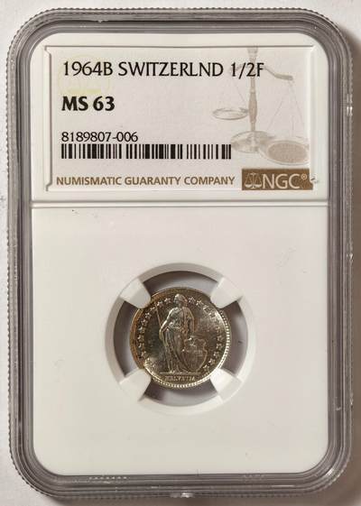 紫瑗钱币——第578期 - 瑞士 1964年 B版 赫尔维蒂亚 1/2法郎 银币 NGC MS63