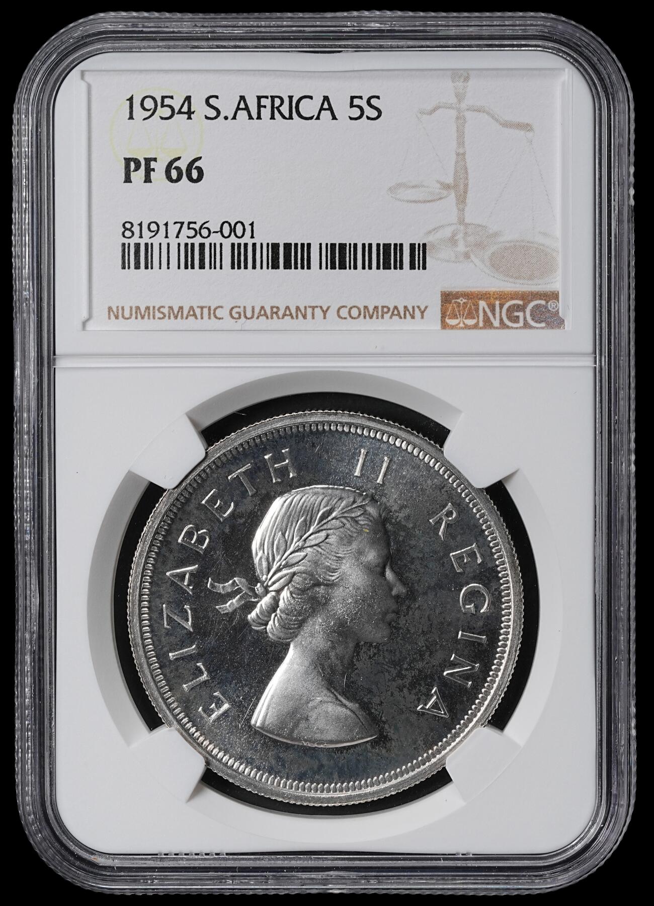 修遠堂世界钱币第六十二期 NGC PF66 1954年南非5先令精制大银币 仅铸造3150枚