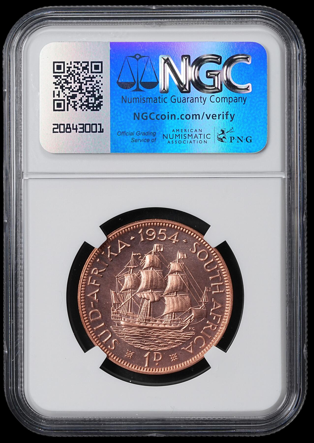 修遠堂世界钱币第六十二期 NGC PF67RD 1954年南非1便士精制铜币 仅铸造3150枚 RD顶级状态 冠军分