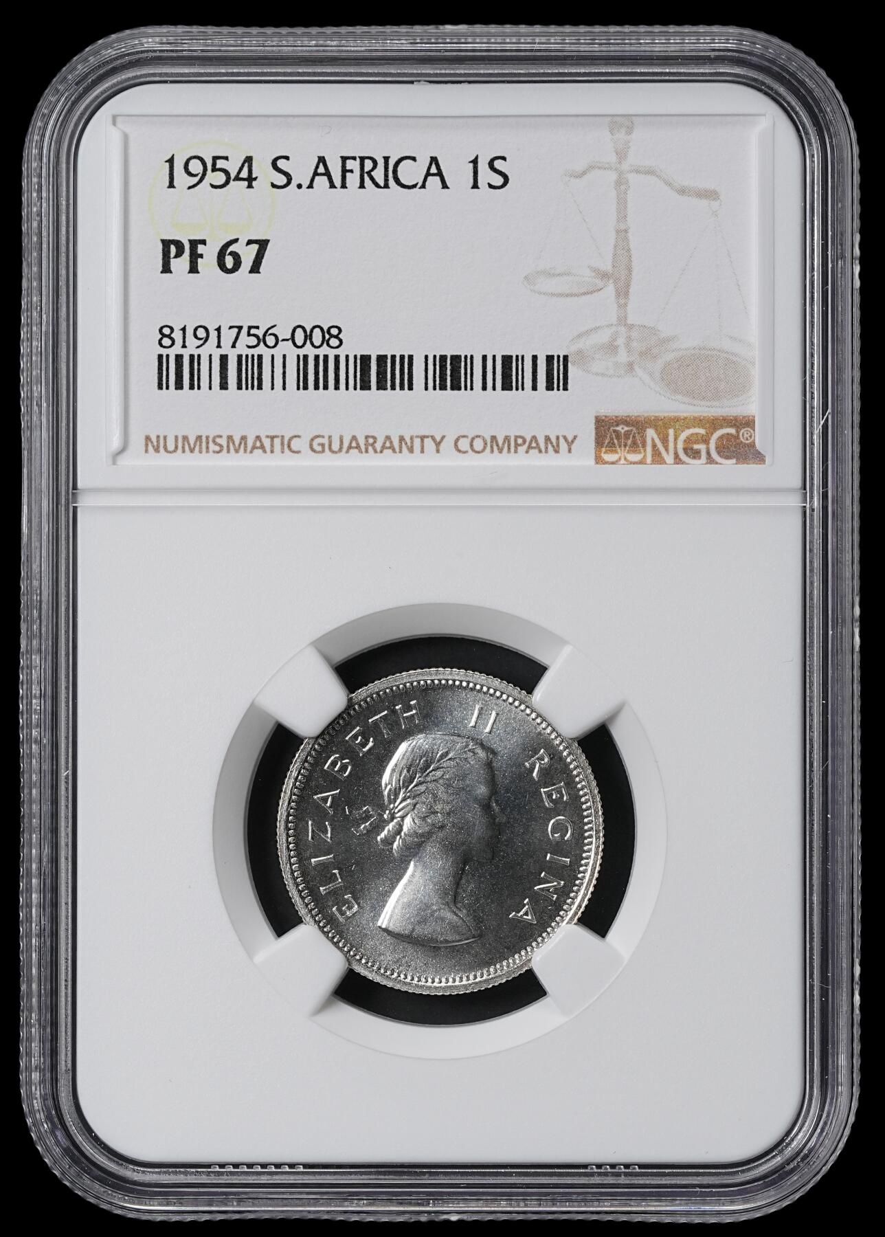 修遠堂世界钱币第六十二期 NGC PF67 1954年南非1先令精制银币 仅铸造3150枚