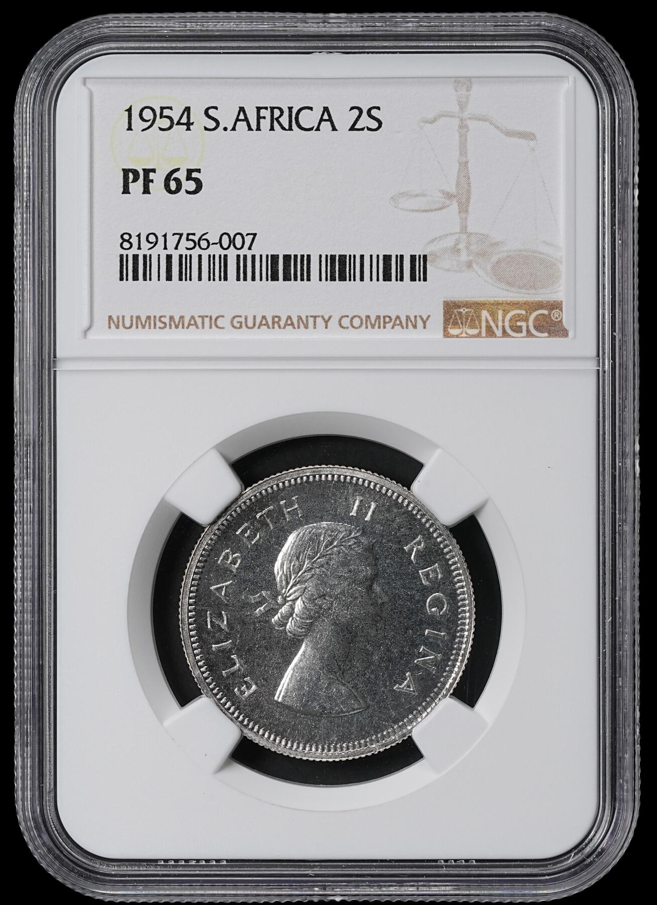 修遠堂世界钱币第六十二期 NGC PF65 1954年南非2先令精制银币 仅铸造3150枚