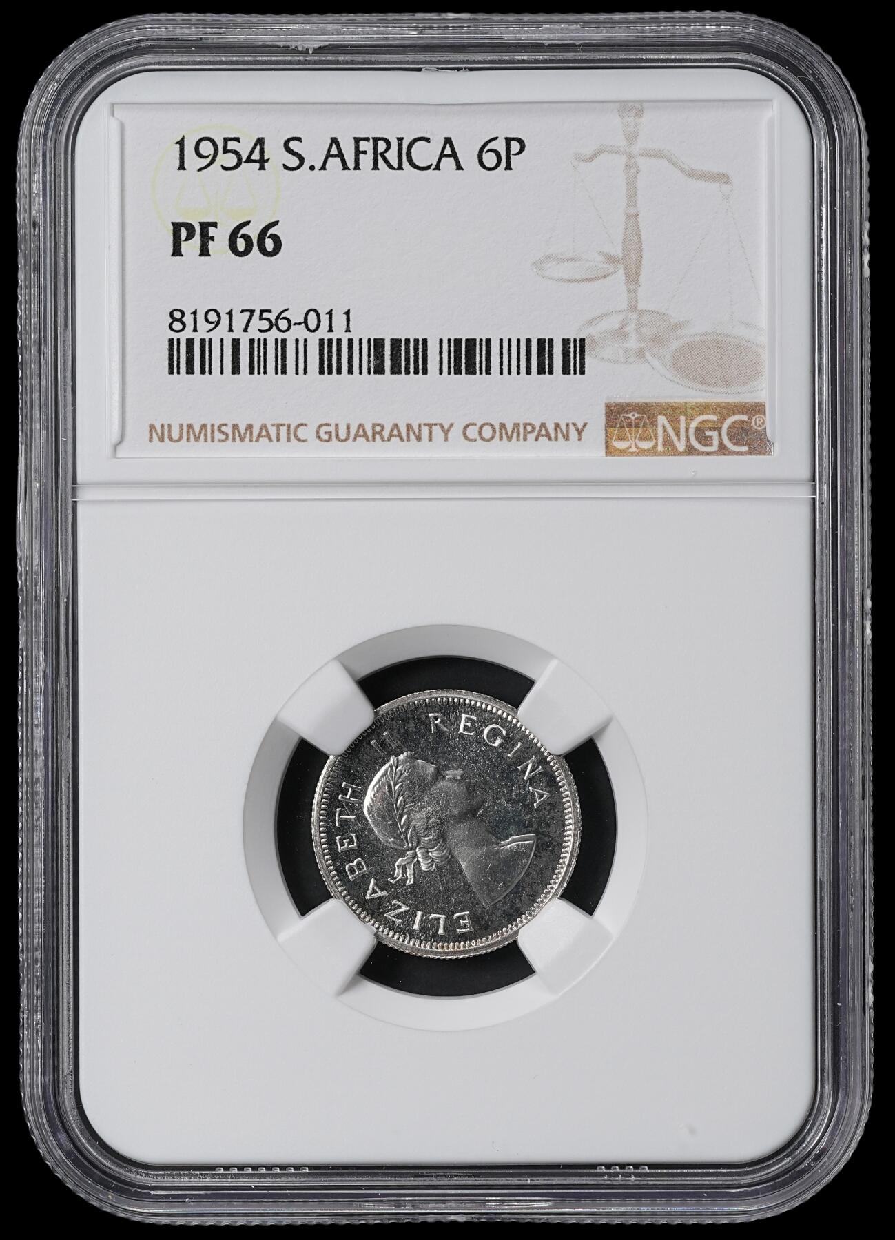 修遠堂世界钱币第六十二期 NGC PF66 1954年南非6便士精制银币 仅铸造3150枚