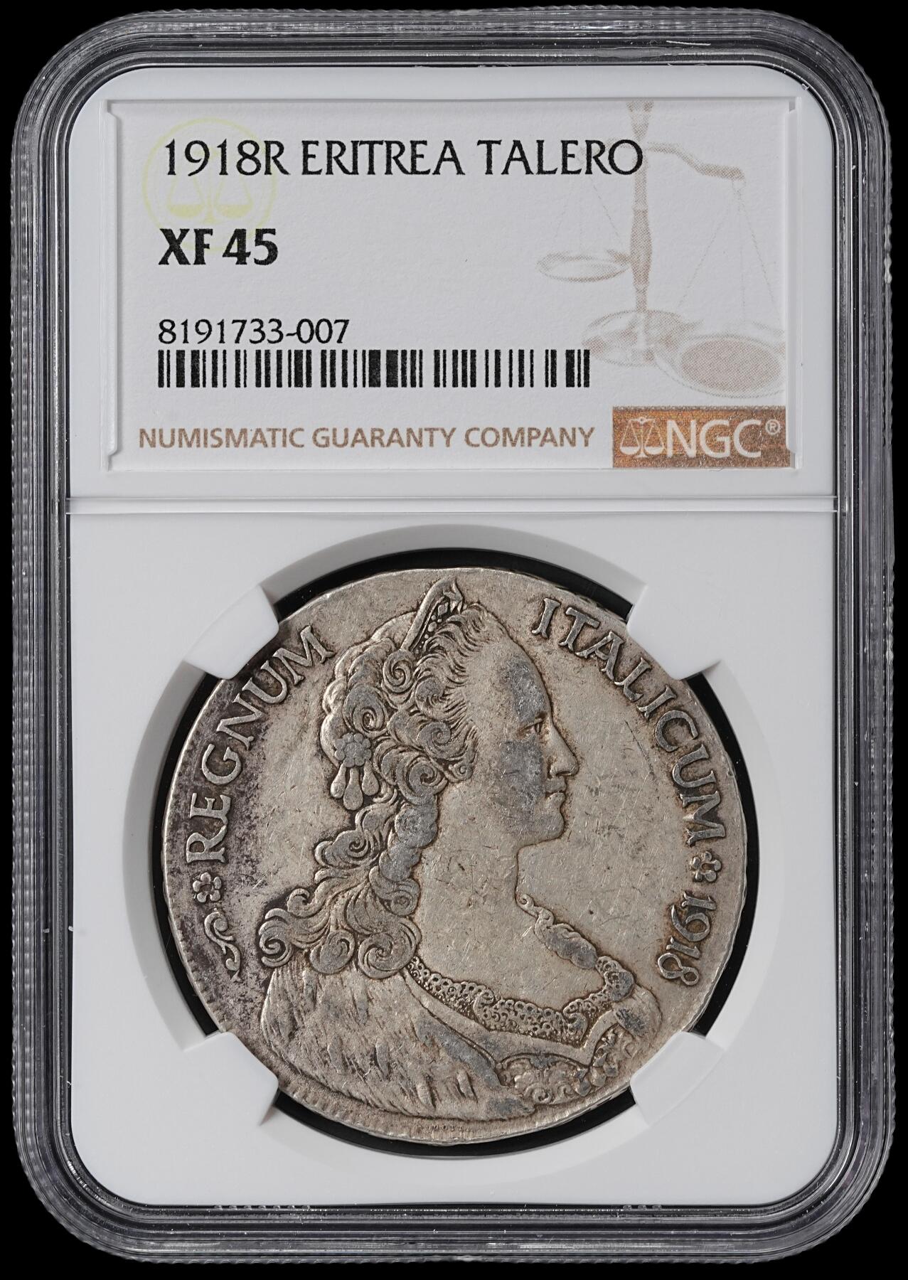 修遠堂世界钱币第六十二期 NGC XF45 1918年意属厄立特里亚1泰勒大银币
