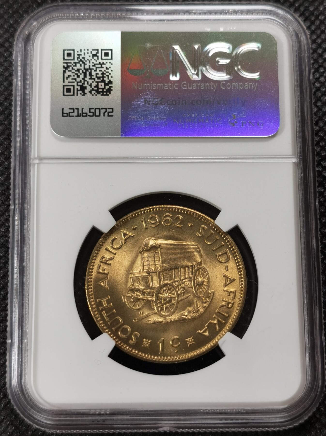 甄臻铺-世界钱币拍卖-南非西非东非专场（第10期）送拍享返佣金等优惠多多 NGC-MS67 南非 1962 1分 吕贝克铜币 币面转光，保存完好不易