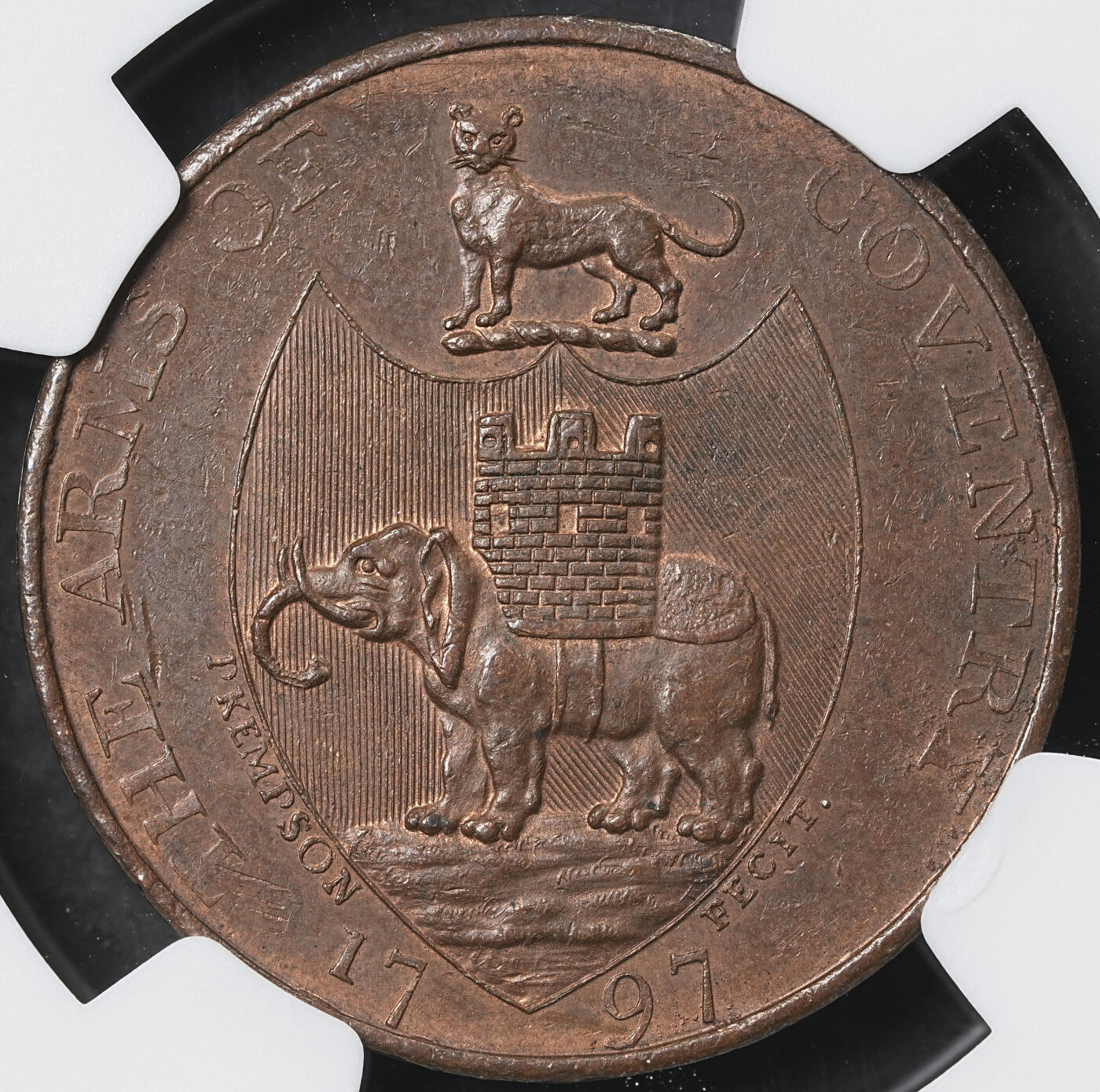 修遠堂世界钱币第六十二期 NGC MS62BN 1797年英国沃里克郡建筑系列1/2便士代用币