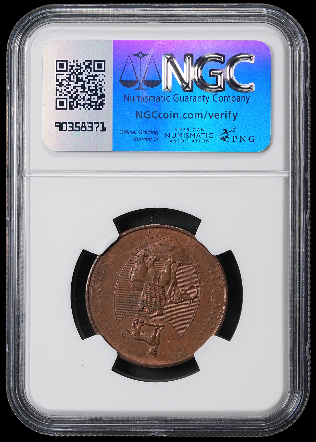 修遠堂世界钱币第六十二期 NGC MS62BN 1797年英国沃里克郡建筑系列1/2便士代用币