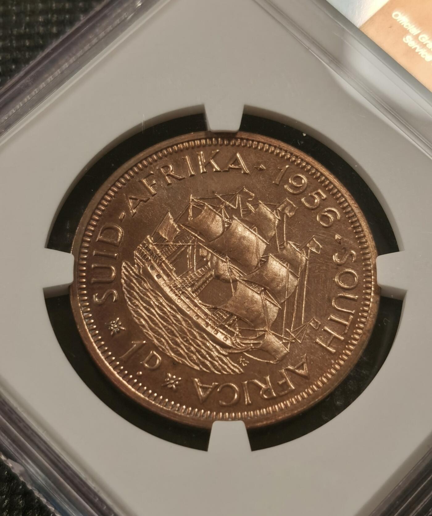 甄臻铺-世界钱币拍卖-南非西非东非专场（第10期）送拍享返佣金等优惠多多 NGC-PF63 英属南非 1956 1便士 精制 原味包浆，币面转光