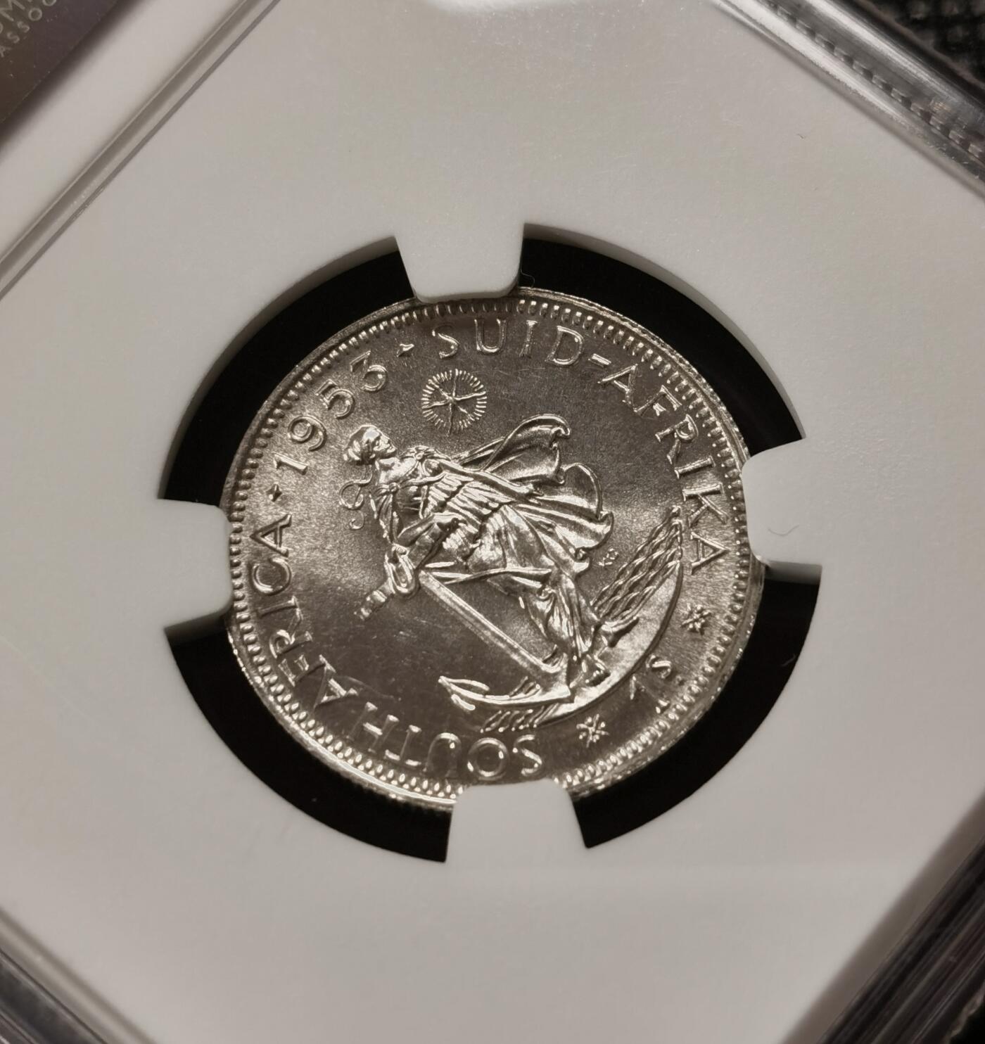 甄臻铺-世界钱币拍卖-南非西非东非专场（第10期）送拍享返佣金等优惠多多 NGC-PF65 英属南非 1953 1先令 银币精制 原味包浆，币面转光