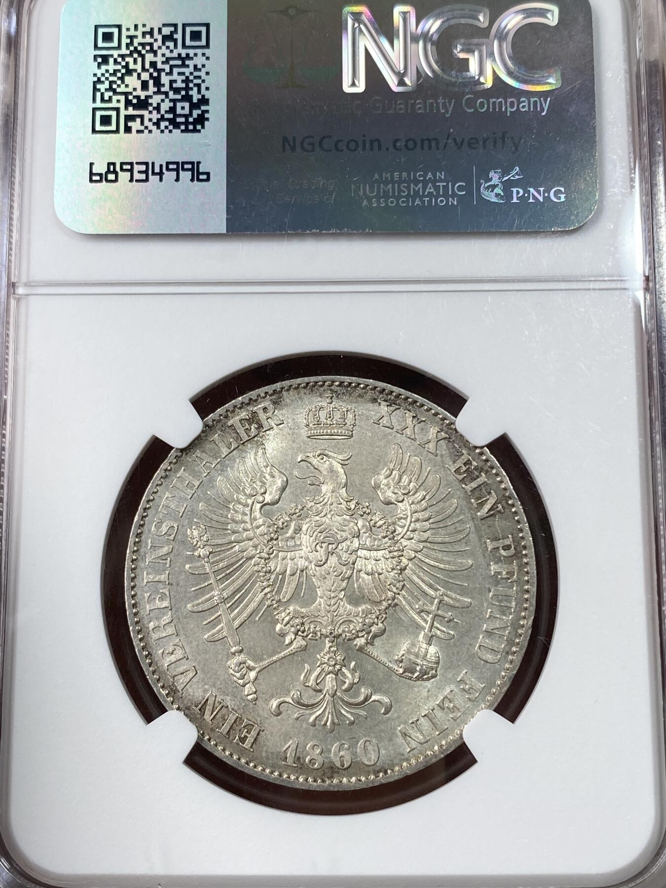 万国钱币拍卖第043期 NGC MS63 1860年德国普鲁士威廉四世离冠鹰流通1泰勒 原味转光状态极赞