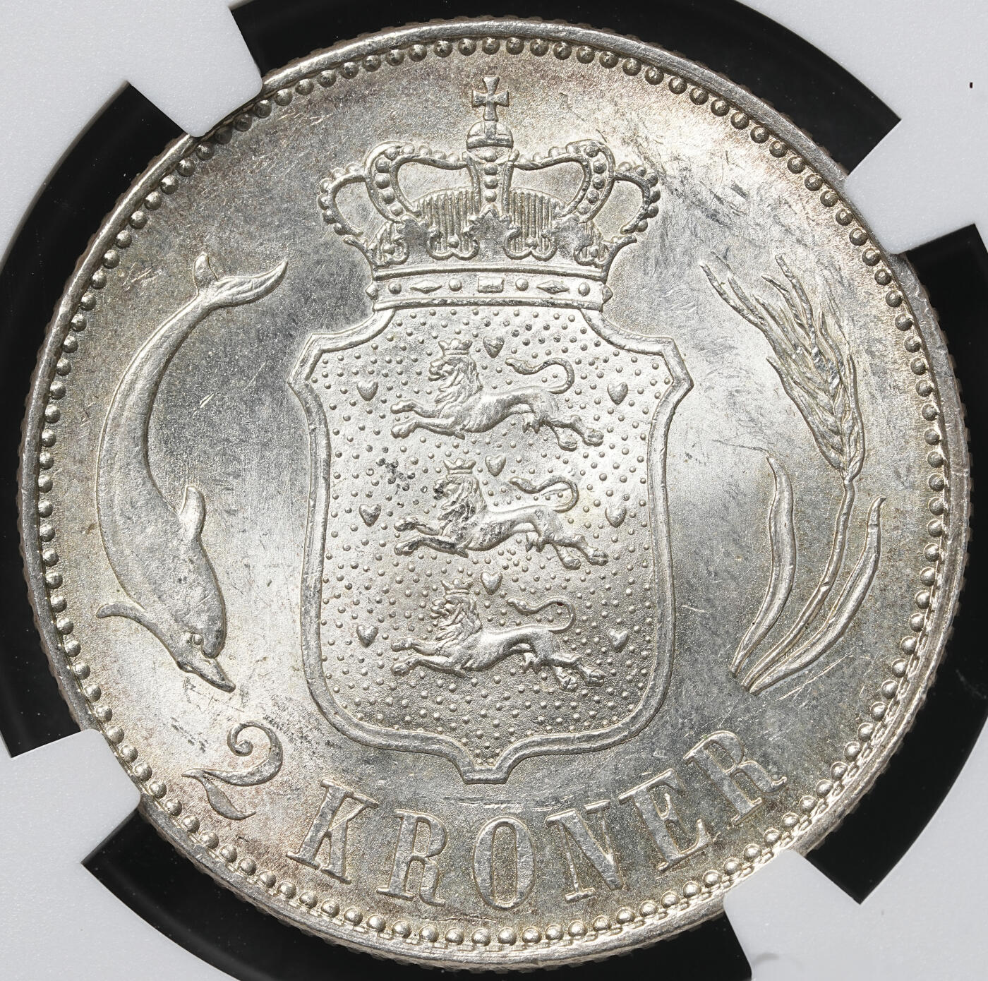 修遠堂世界钱币第六十二期 NGC MS64 1916年丹麦海豚2克朗银币 流通克朗MS均少见