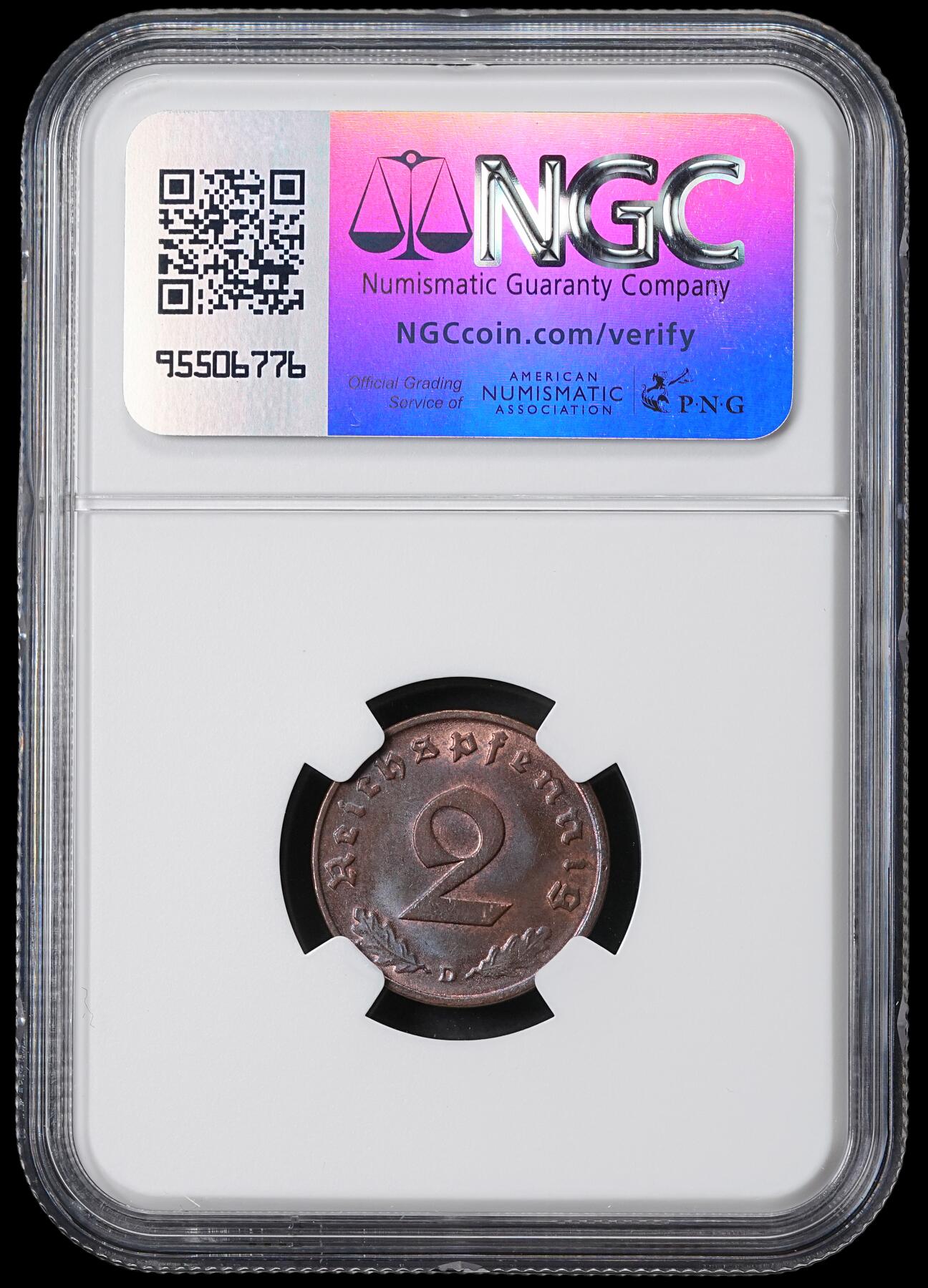 修遠堂世界钱币第六十二期 NGC MS63BN 1937年德国2芬尼铜币 D厂铭