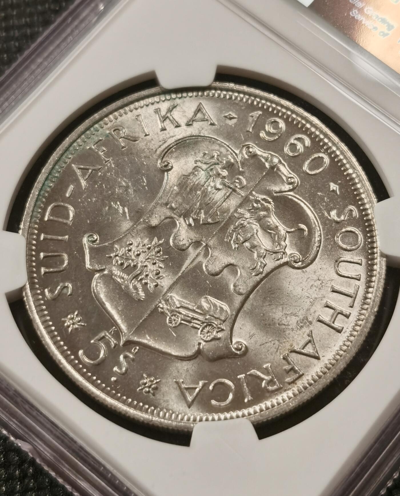 甄臻铺-世界钱币拍卖-南非西非东非专场（第10期）送拍享返佣金等优惠多多 NGC-MS63 南非联盟成立50周年 1960 5先令 银币 原味包浆，币面转光