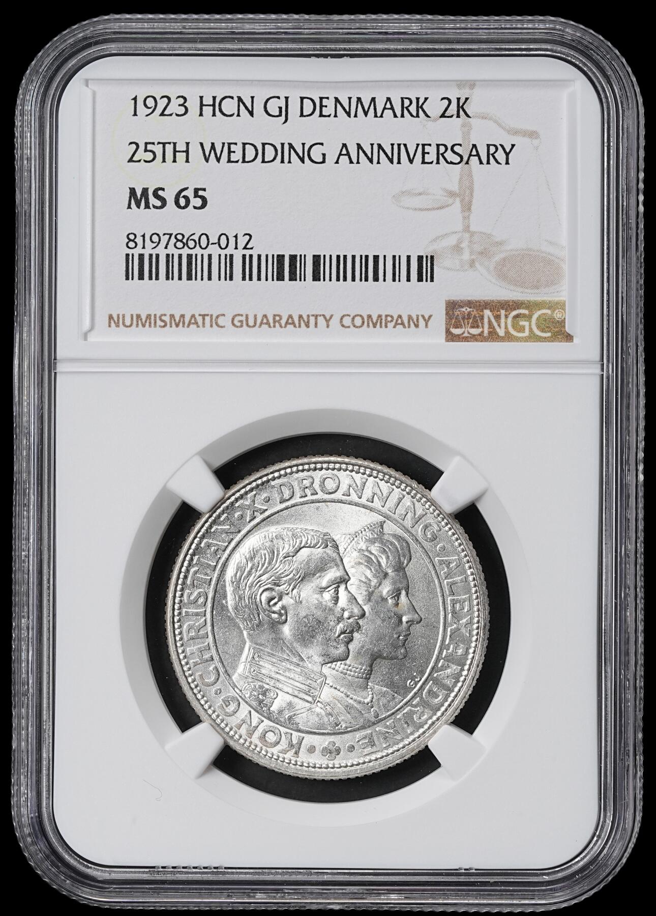 修遠堂世界钱币第六十二期 NGC MS65 1923年丹麦国王银婚纪念2克朗银币