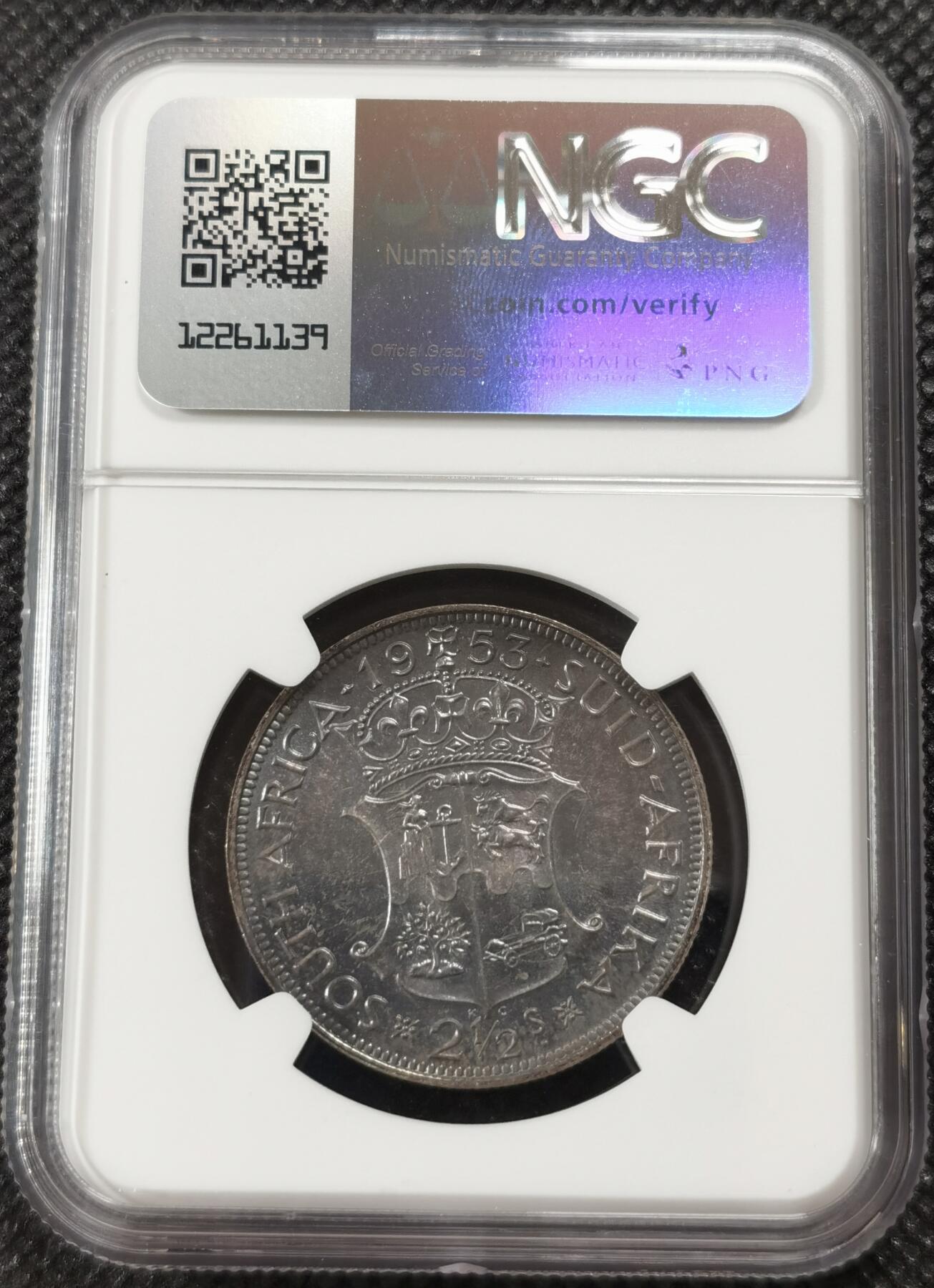 甄臻铺-世界钱币拍卖-南非西非东非专场（第10期）送拍享返佣金等优惠多多 NGC-PF64 英属南非 1953 2.5先令 银币精制 原味包浆，币面转光