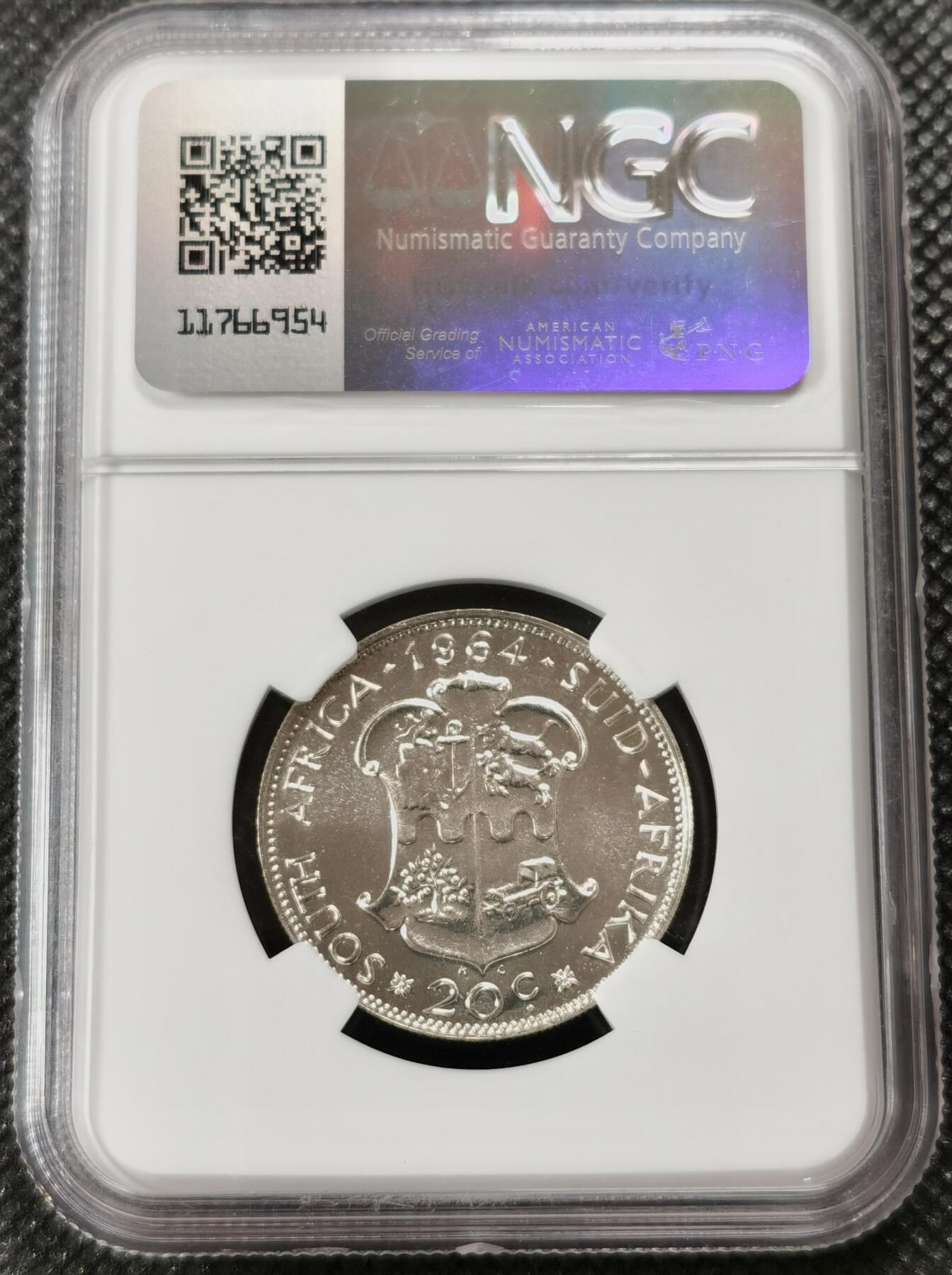 甄臻铺-世界钱币拍卖-南非西非东非专场（第10期）送拍享返佣金等优惠多多 NGC-PF67 南非 1964 20分 吕贝克精制银币 币面转光，亚军分