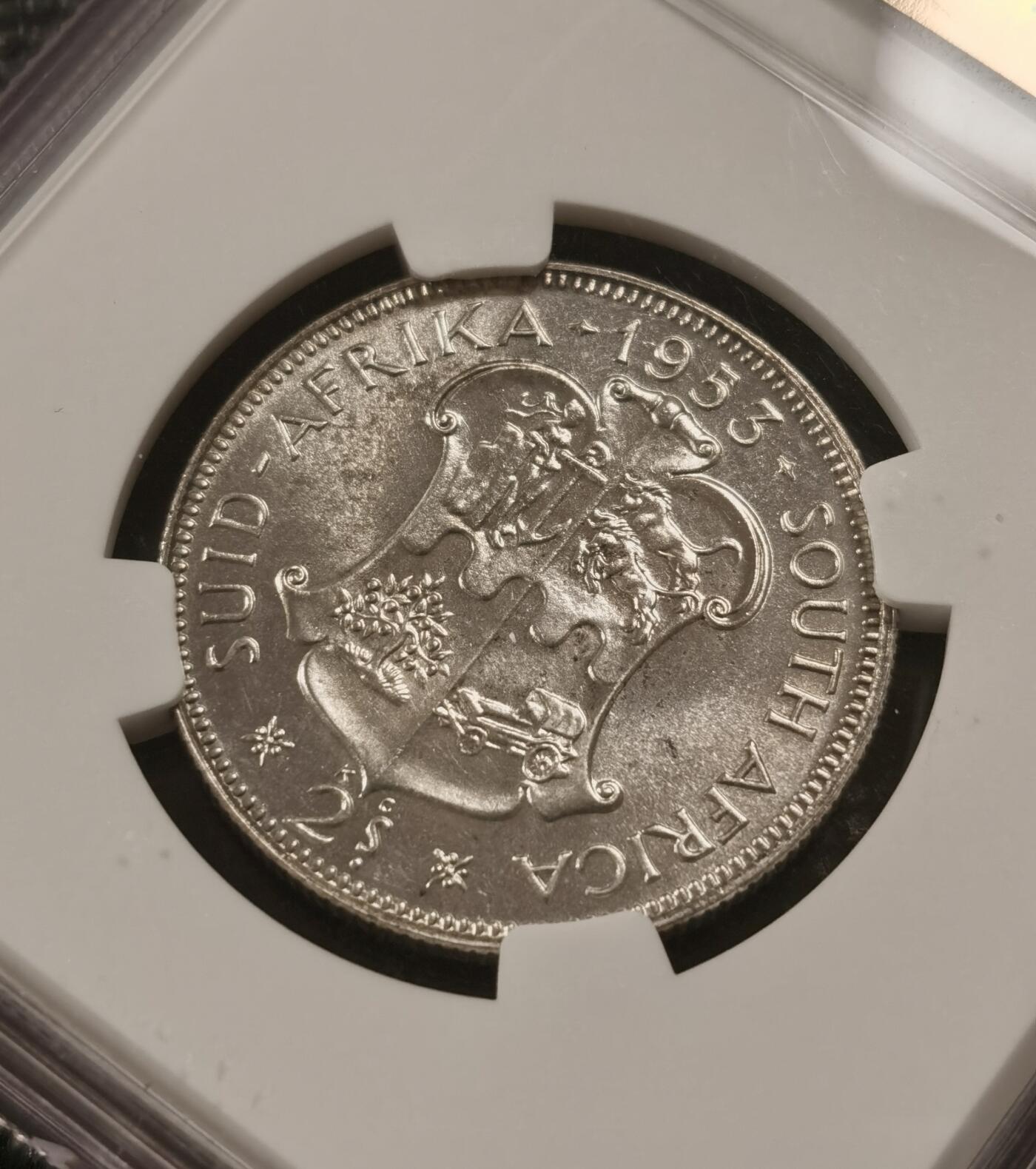 甄臻铺-世界钱币拍卖-南非西非东非专场（第10期）送拍享返佣金等优惠多多 NGC-PF66 英属南非 1953 2先令 银币精制 原味包浆，币面转光