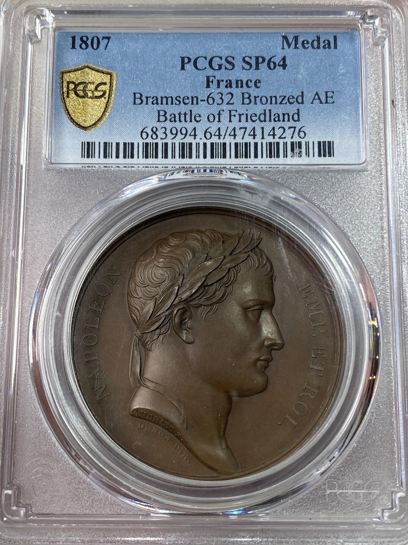 万国钱币拍卖第043期 PCGS SP64 1807年法国拿破仑佛里德兰战役胜利纪念原铸铜章，PC冠军分&广告封面章，完美收藏级品质。