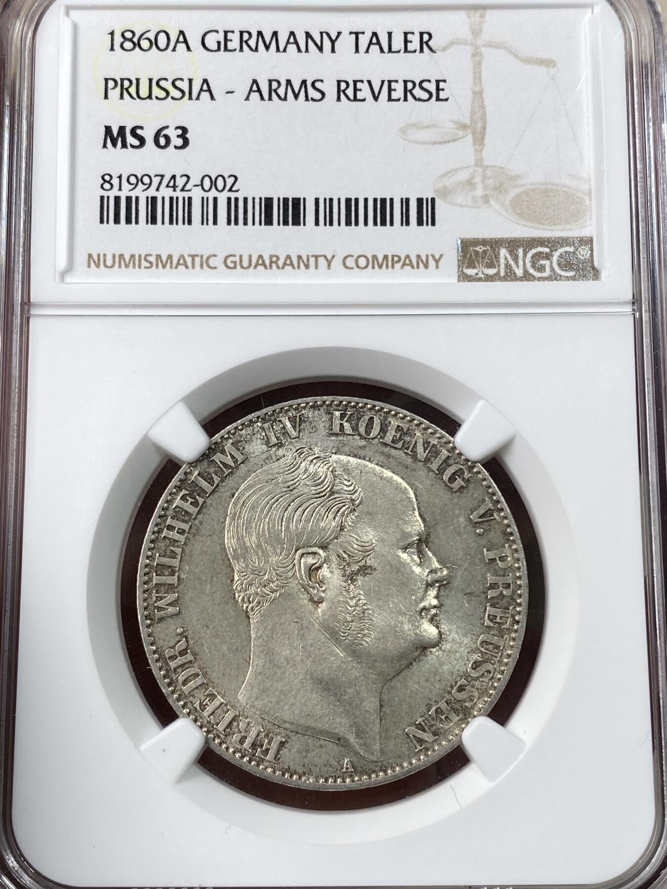 万国钱币拍卖第043期 NGC MS63 1860年德国普鲁士威廉四世离冠鹰流通1泰勒 原味转光状态极赞