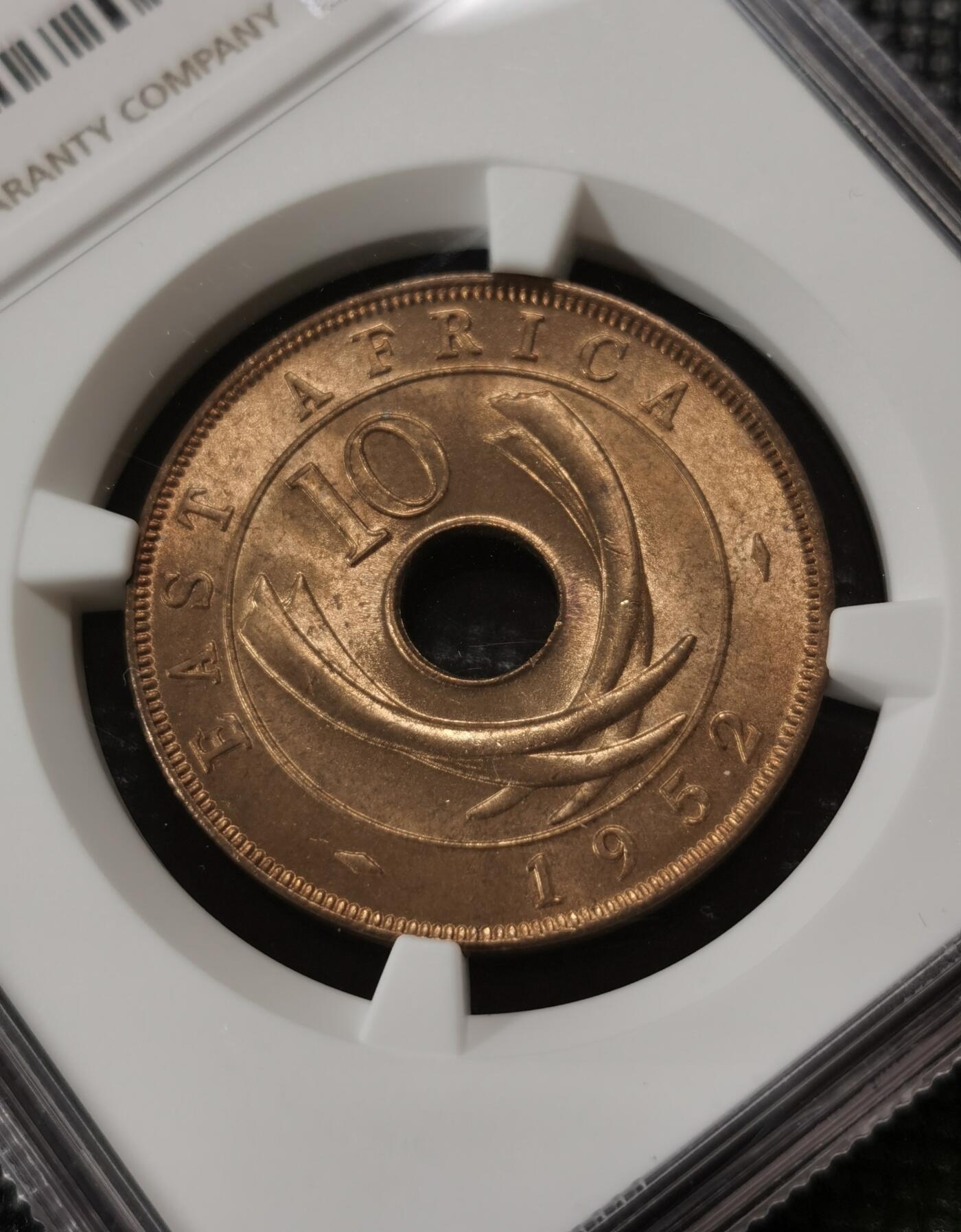 甄臻铺-世界钱币拍卖-南非西非东非专场（第10期）送拍享返佣金等优惠多多 NGC-MS65 英属东非 1952 10分 原味包浆，币面漂亮