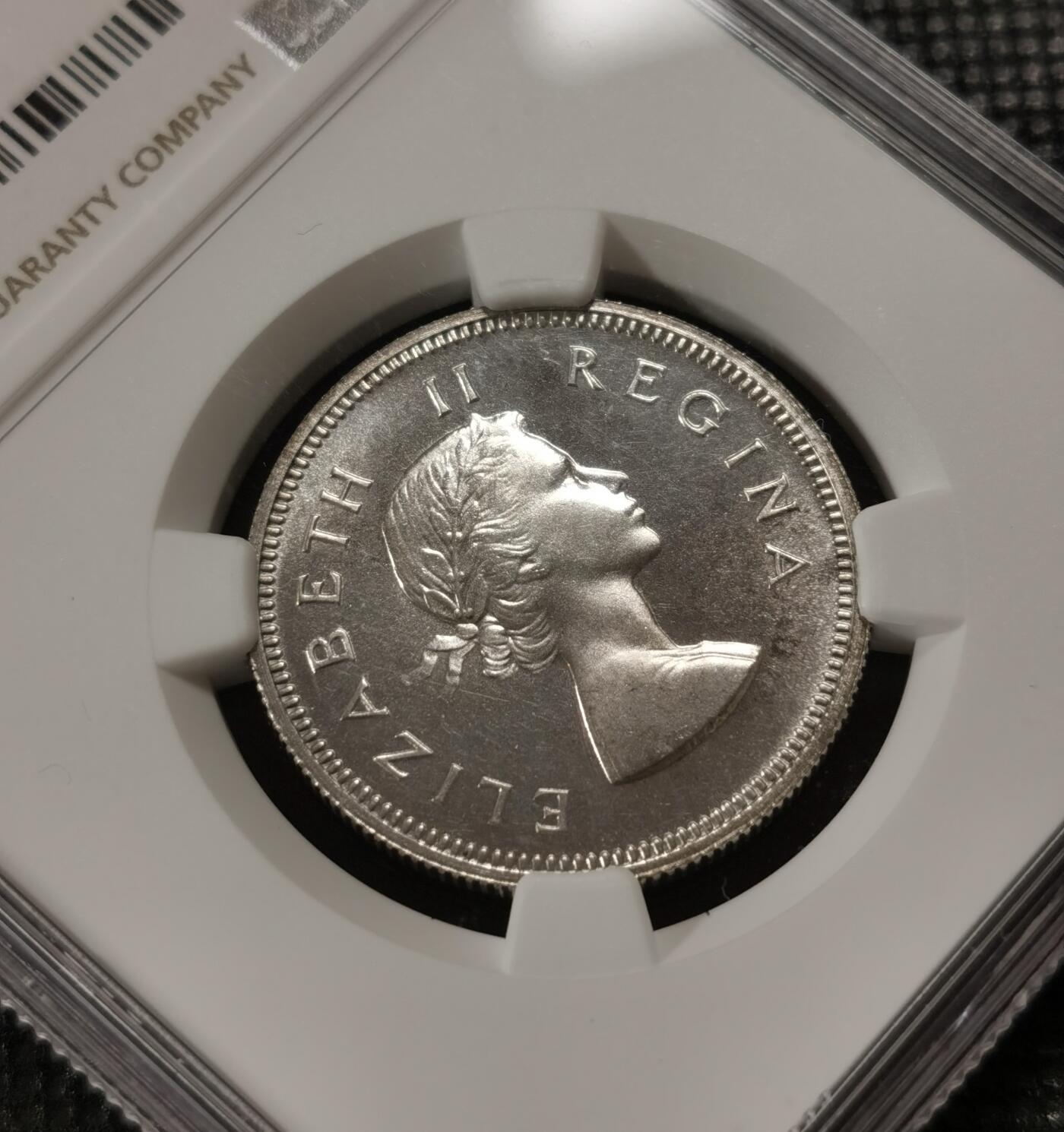 甄臻铺-世界钱币拍卖-南非西非东非专场（第10期）送拍享返佣金等优惠多多 NGC-PF66 英属南非 1953 2先令 银币精制 原味包浆，币面转光