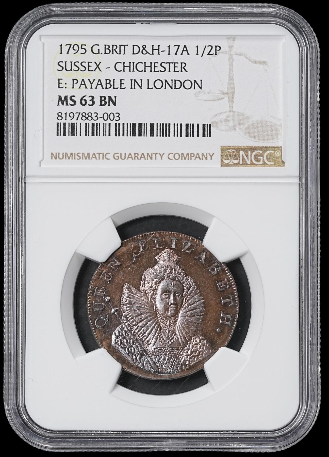 修遠堂世界钱币第六十二期 NGC MS63BN 1795年英国萨塞克斯郡-奇切斯特1/2便士代用币
