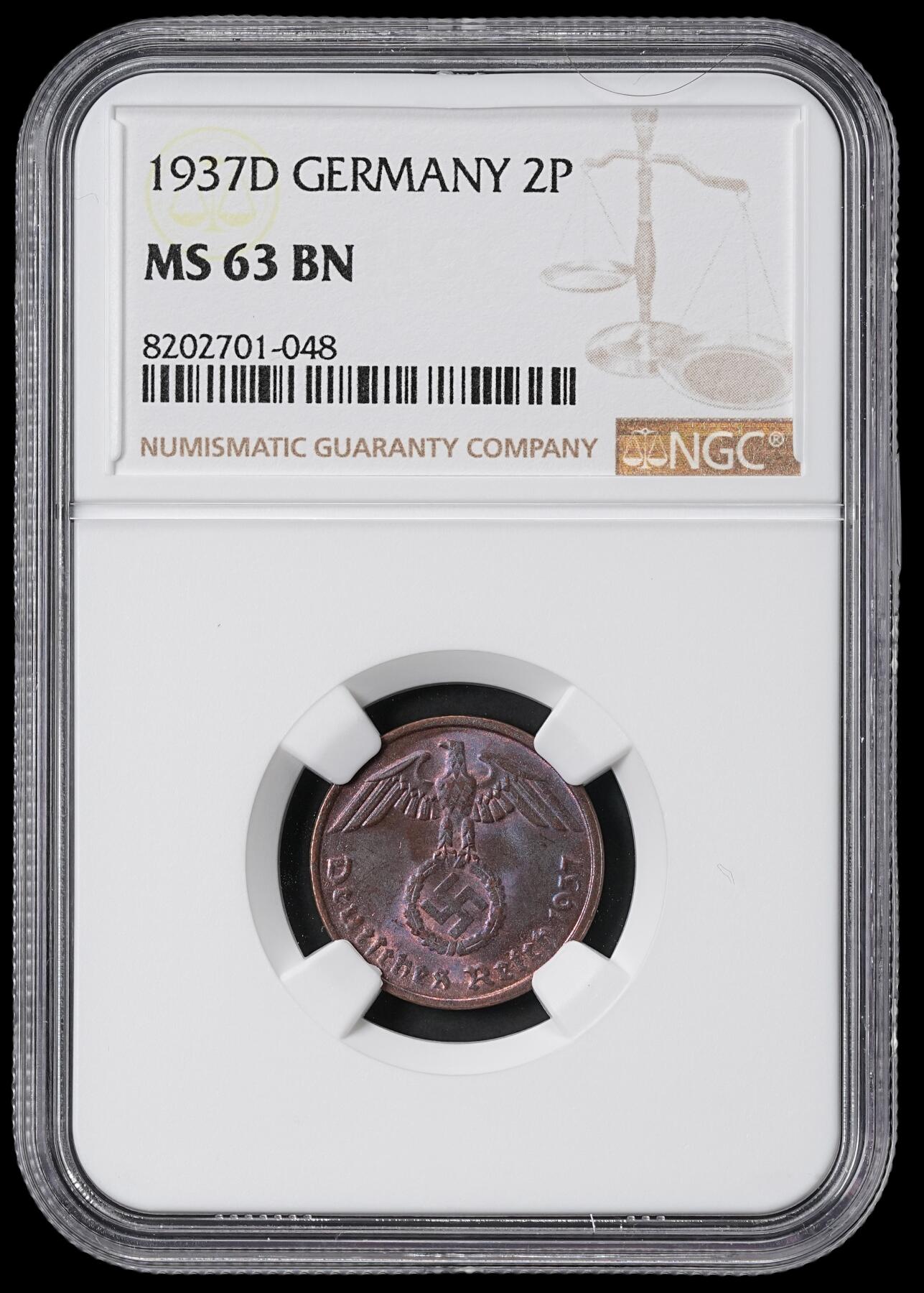 修遠堂世界钱币第六十二期 NGC MS63BN 1937年德国2芬尼铜币 D厂铭
