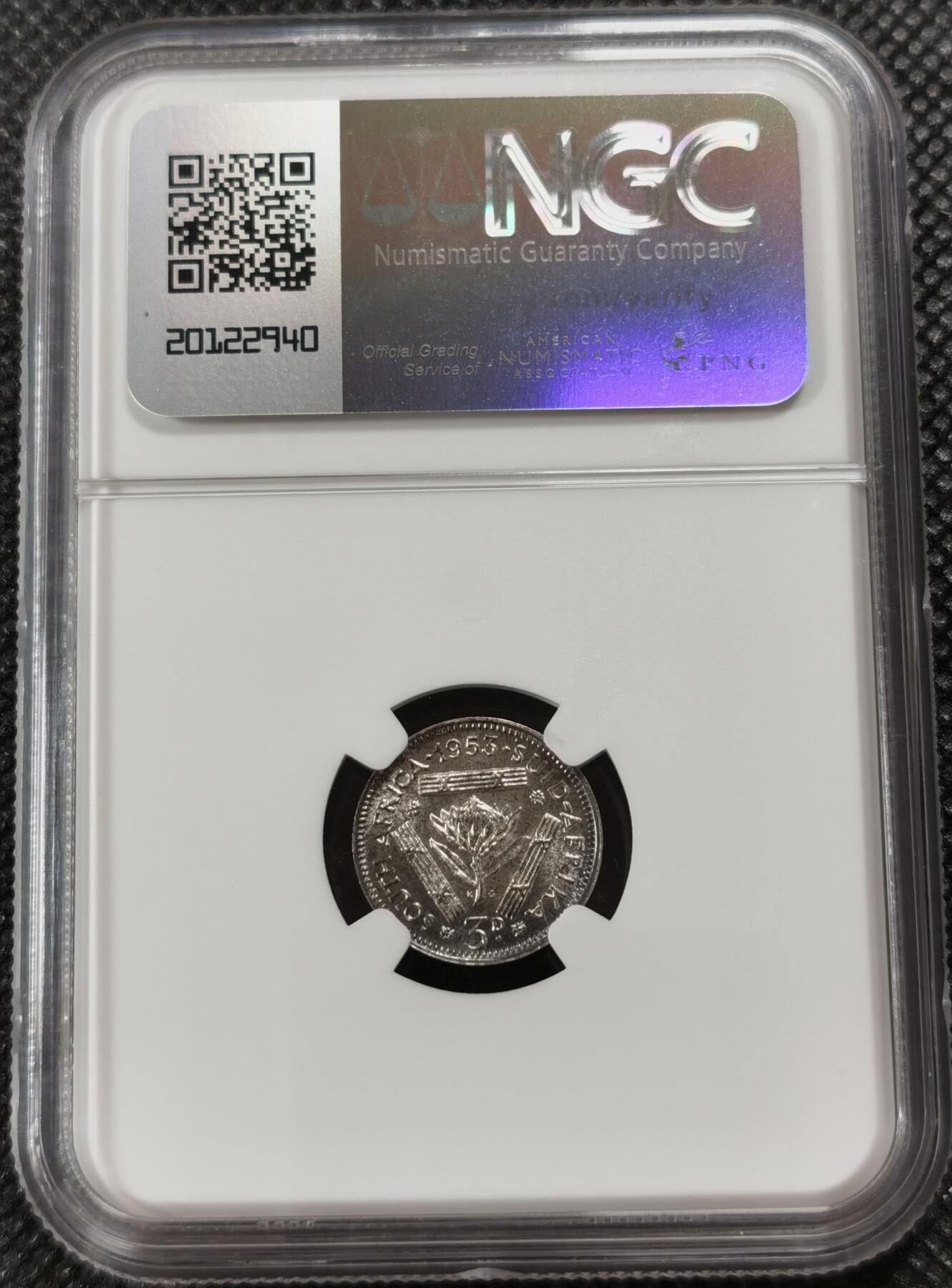 甄臻铺-世界钱币拍卖-南非西非东非专场（第10期）送拍享返佣金等优惠多多 NGC-PF66 英属南非 1953 3便士 精制 原味包浆，币面转光