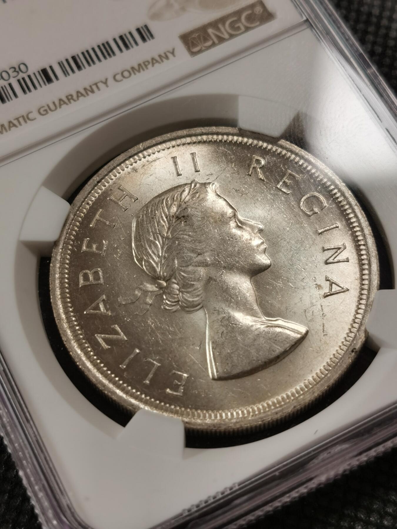 甄臻铺-世界钱币拍卖-南非西非东非专场（第10期）送拍享返佣金等优惠多多 NGC-MS63 英属南非 1957 5先令 银币 原味包浆，币面漂亮