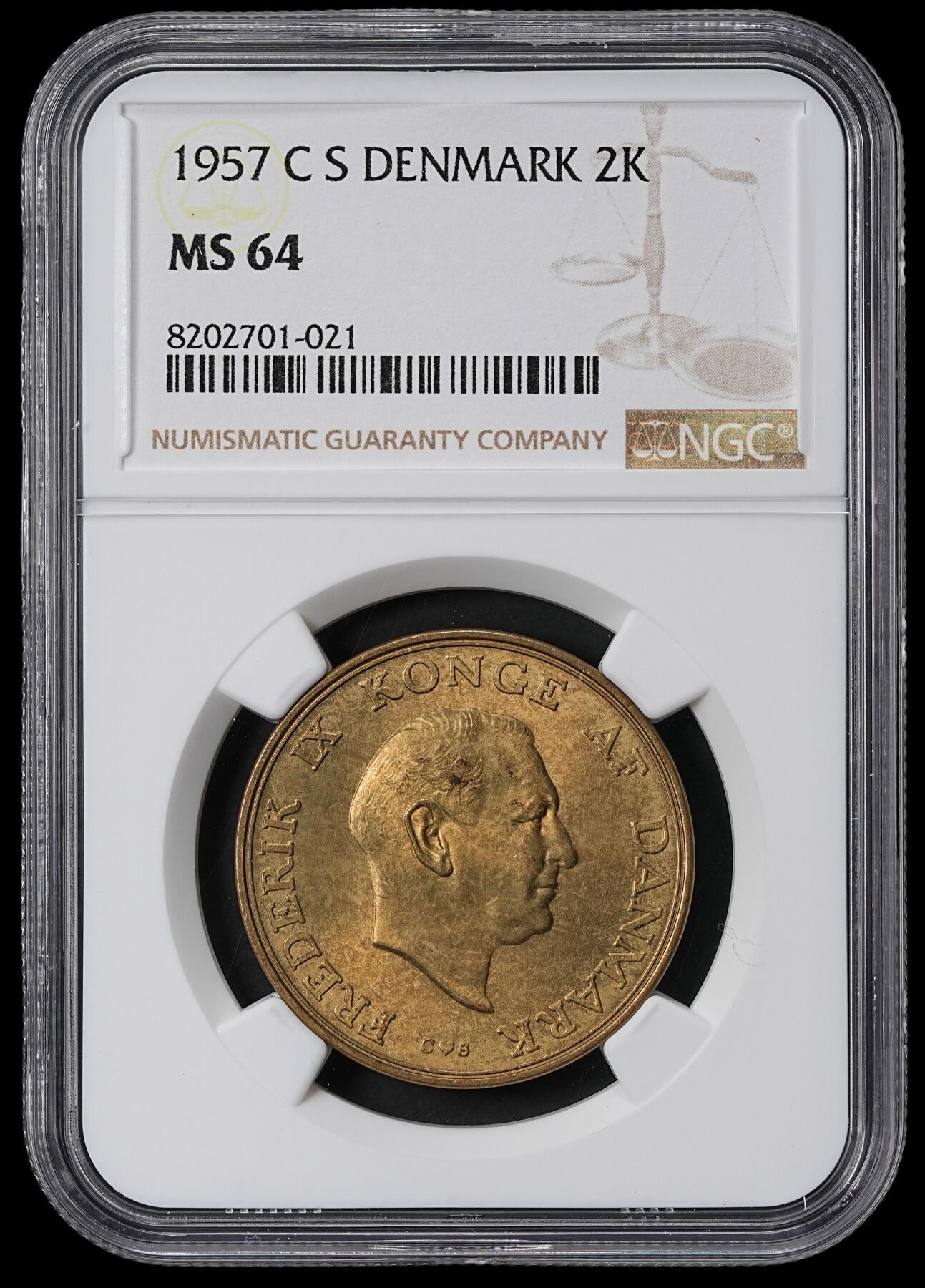 修遠堂世界钱币第六十二期 NGC MS64 1957年丹麦2克朗