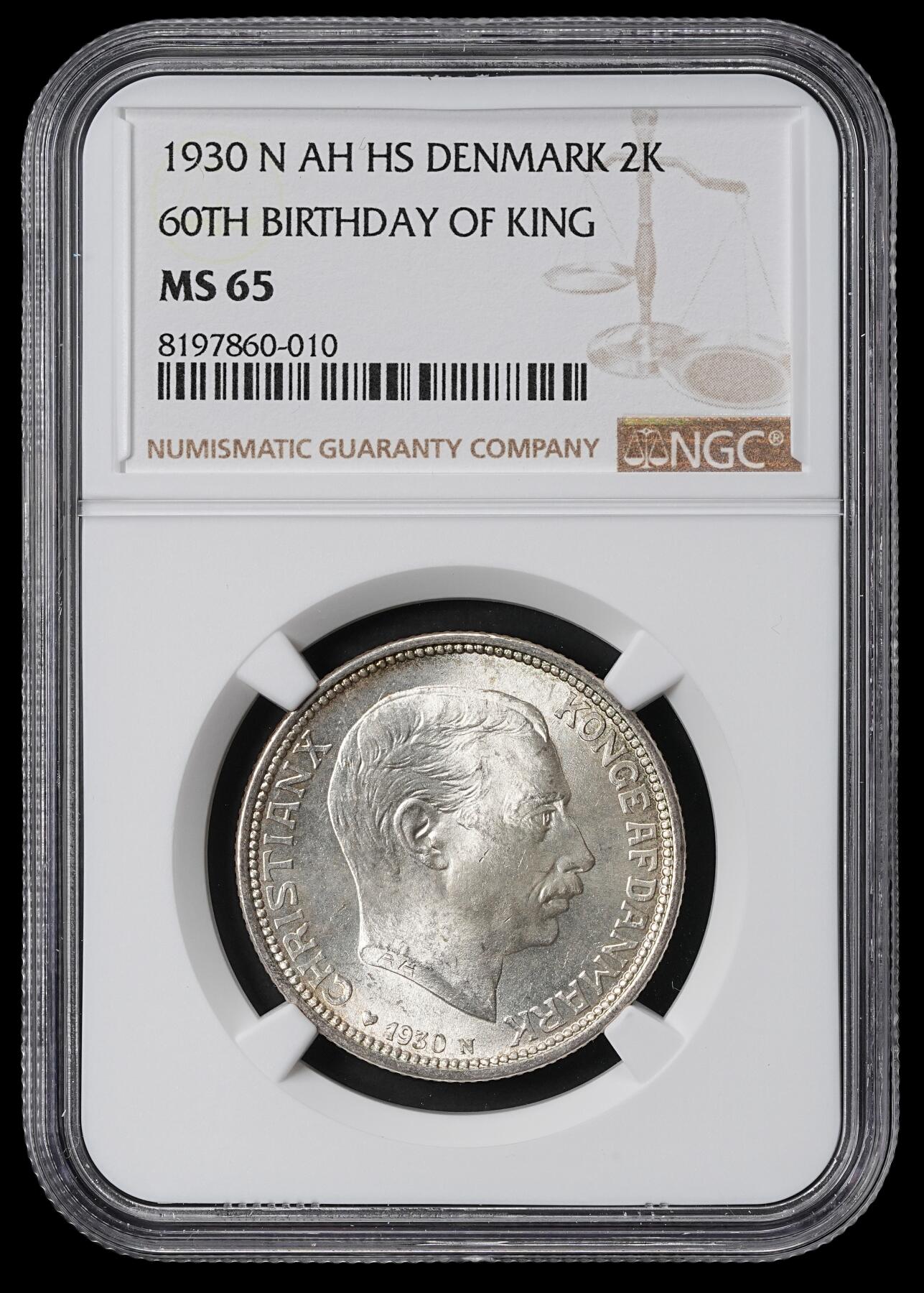 修遠堂世界钱币第六十二期 NGC MS65 1930年丹麦国王60大寿纪念2克朗银币