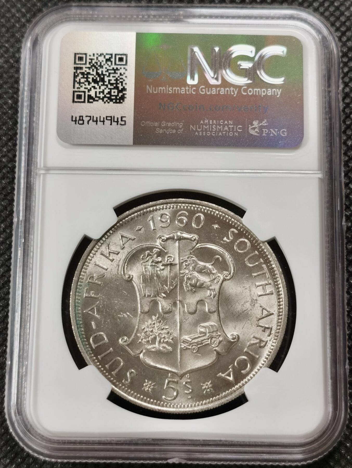甄臻铺-世界钱币拍卖-南非西非东非专场（第10期）送拍享返佣金等优惠多多 NGC-MS63 南非联盟成立50周年 1960 5先令 银币 原味包浆，币面转光