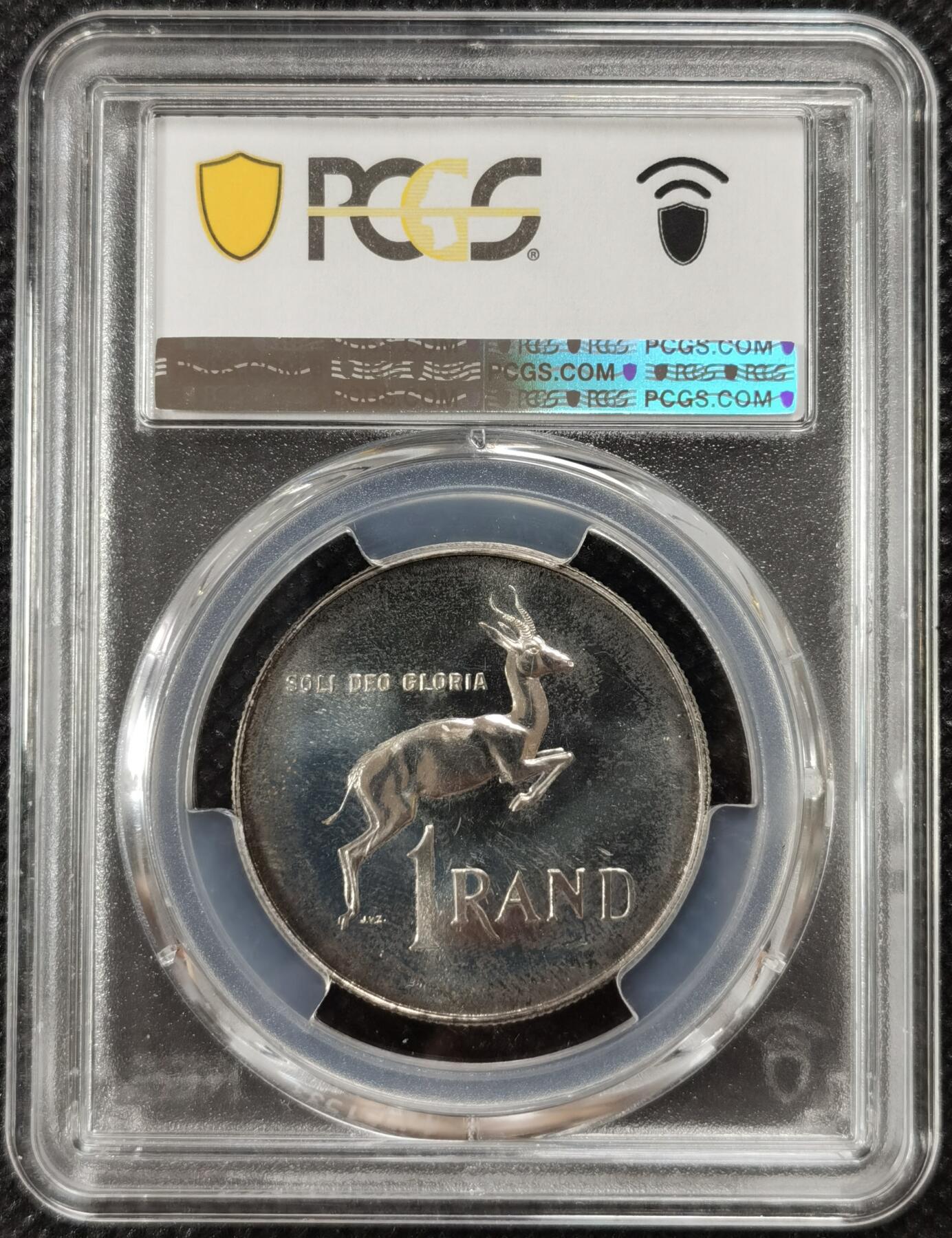 甄臻铺-世界钱币拍卖-南非西非东非专场（第10期）送拍享返佣金等优惠多多 PCGS-PR66 南非 1966 1兰特吕贝克精制银币，币面转光，收藏级