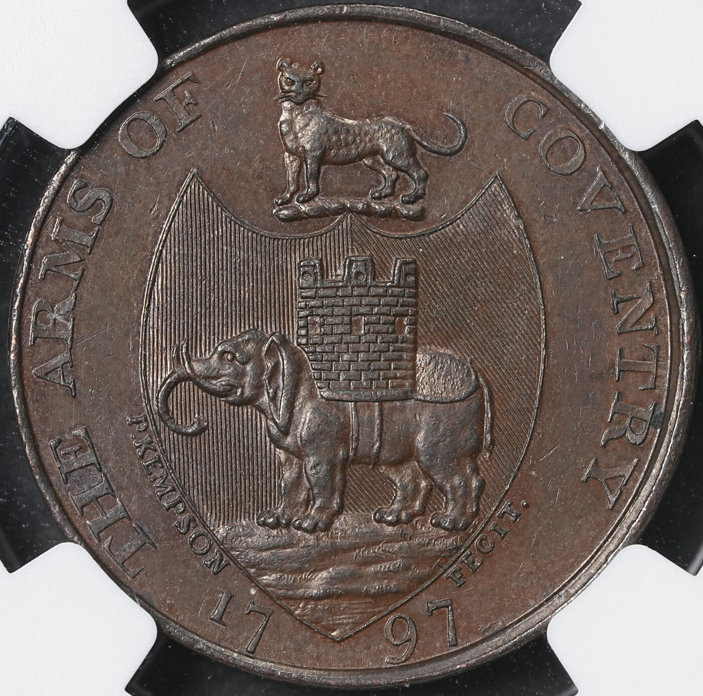 修遠堂世界钱币第六十二期 NGC MS62BN 1797年英国沃里克郡建筑系列1/2便士代用币