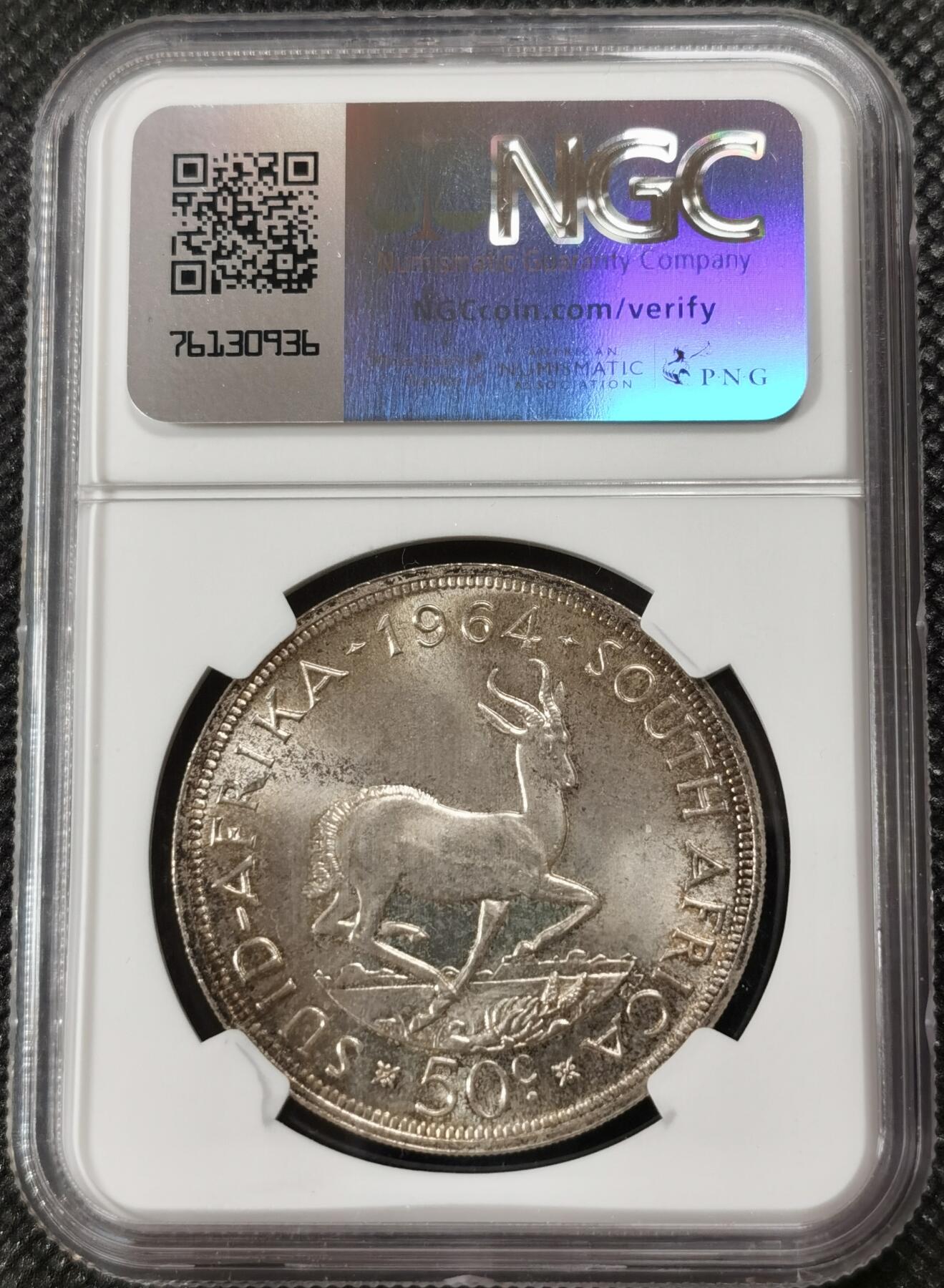 甄臻铺-世界钱币拍卖-南非西非东非专场（第10期）送拍享返佣金等优惠多多 NGC-MS65 南非 1964 50分 吕贝克跳羚银币，原味包浆，币面漂亮