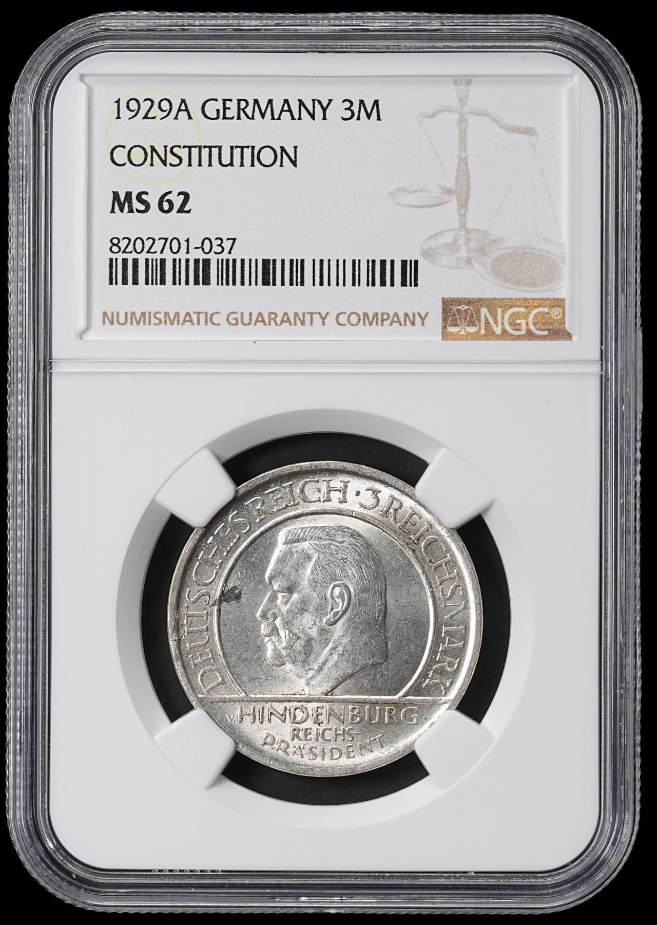 修遠堂世界钱币第六十二期 NGC MS62 1929年德国魏玛政府宪法10周年纪念3马克银币