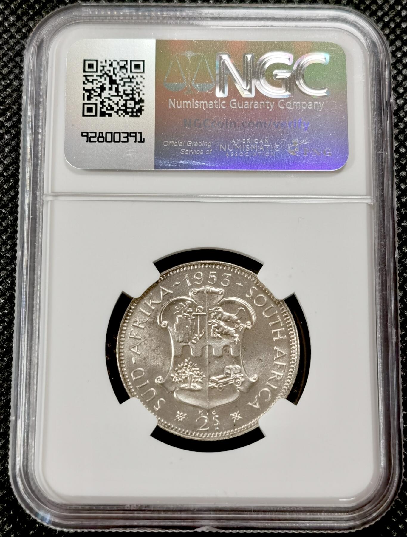 甄臻铺-世界钱币拍卖-南非西非东非专场（第10期）送拍享返佣金等优惠多多 NGC-PF66 英属南非 1953 2先令 银币精制 原味包浆，币面转光