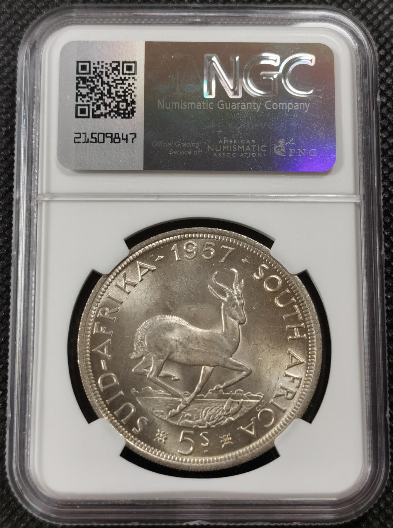 甄臻铺-世界钱币拍卖-南非西非东非专场（第10期）送拍享返佣金等优惠多多 NGC-MS63 英属南非 1957 5先令 银币 原味包浆，币面漂亮