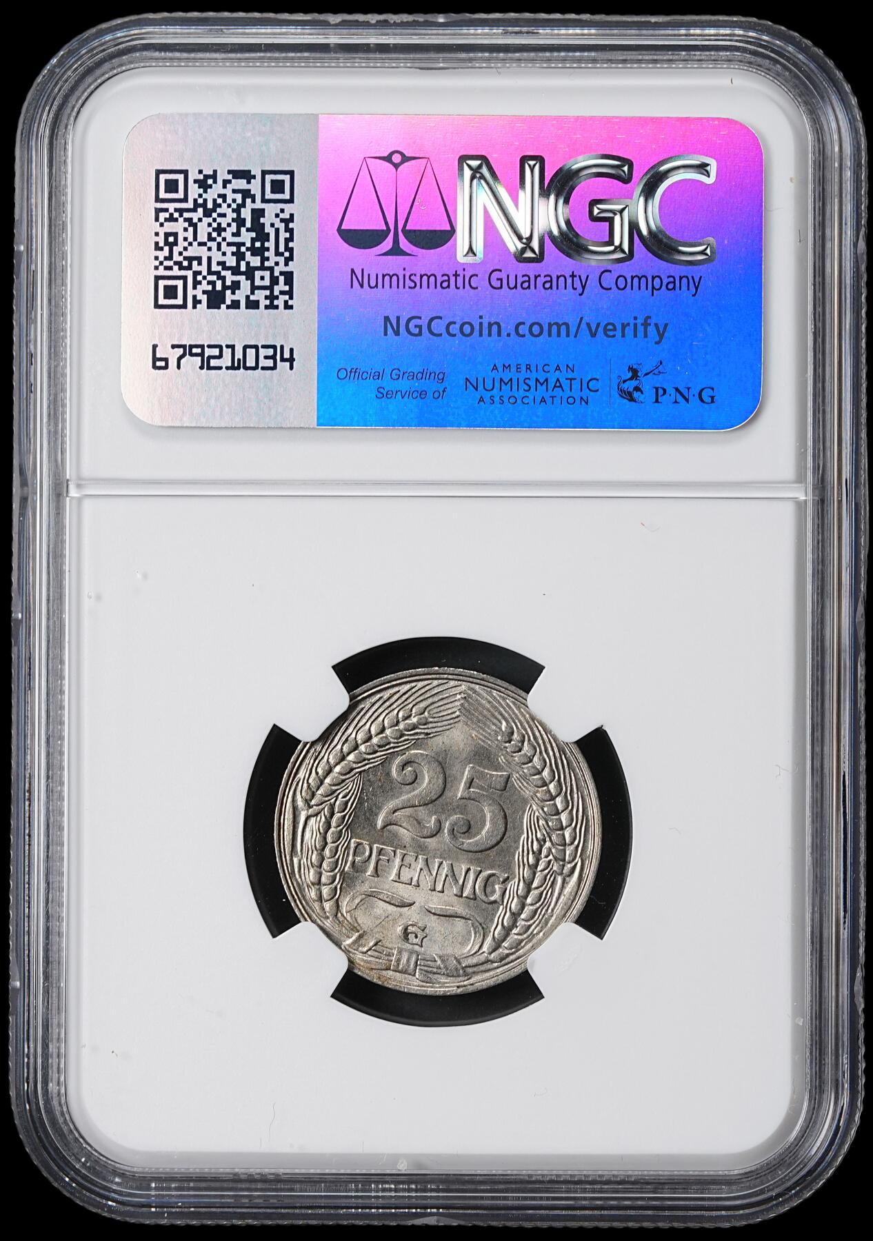 修遠堂世界钱币第六十二期 NGC MS63 1909年德国25芬尼 G厂铭 少见厂铭 仅61万铸造量