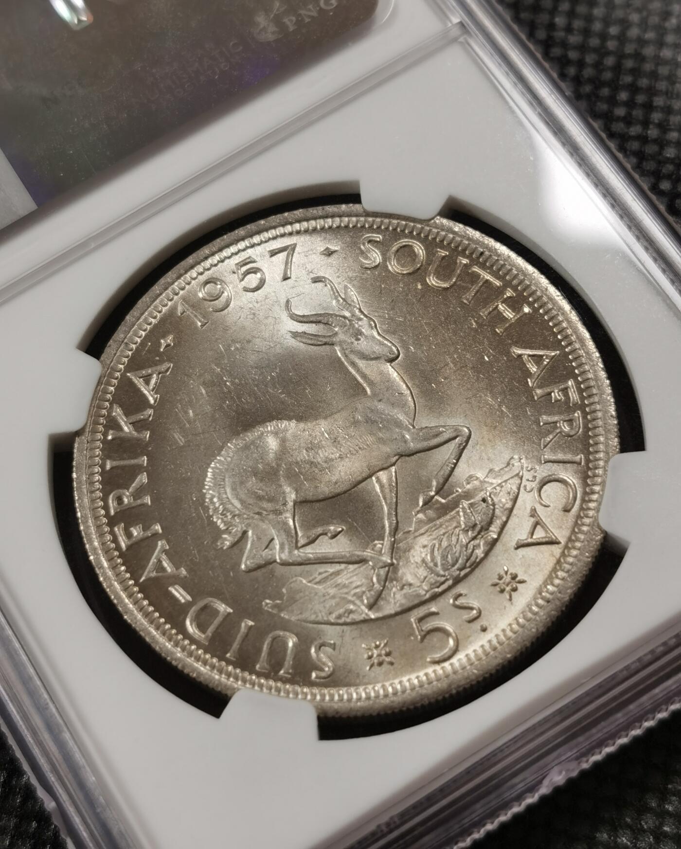 甄臻铺-世界钱币拍卖-南非西非东非专场（第10期）送拍享返佣金等优惠多多 NGC-MS63 英属南非 1957 5先令 银币 原味包浆，币面漂亮
