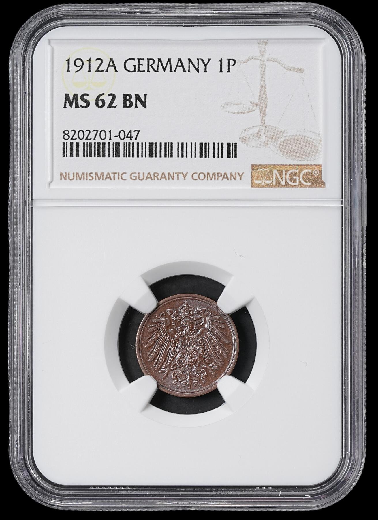 修遠堂世界钱币第六十二期 NGC MS62BN 1912年德国1芬尼铜币 A厂铭