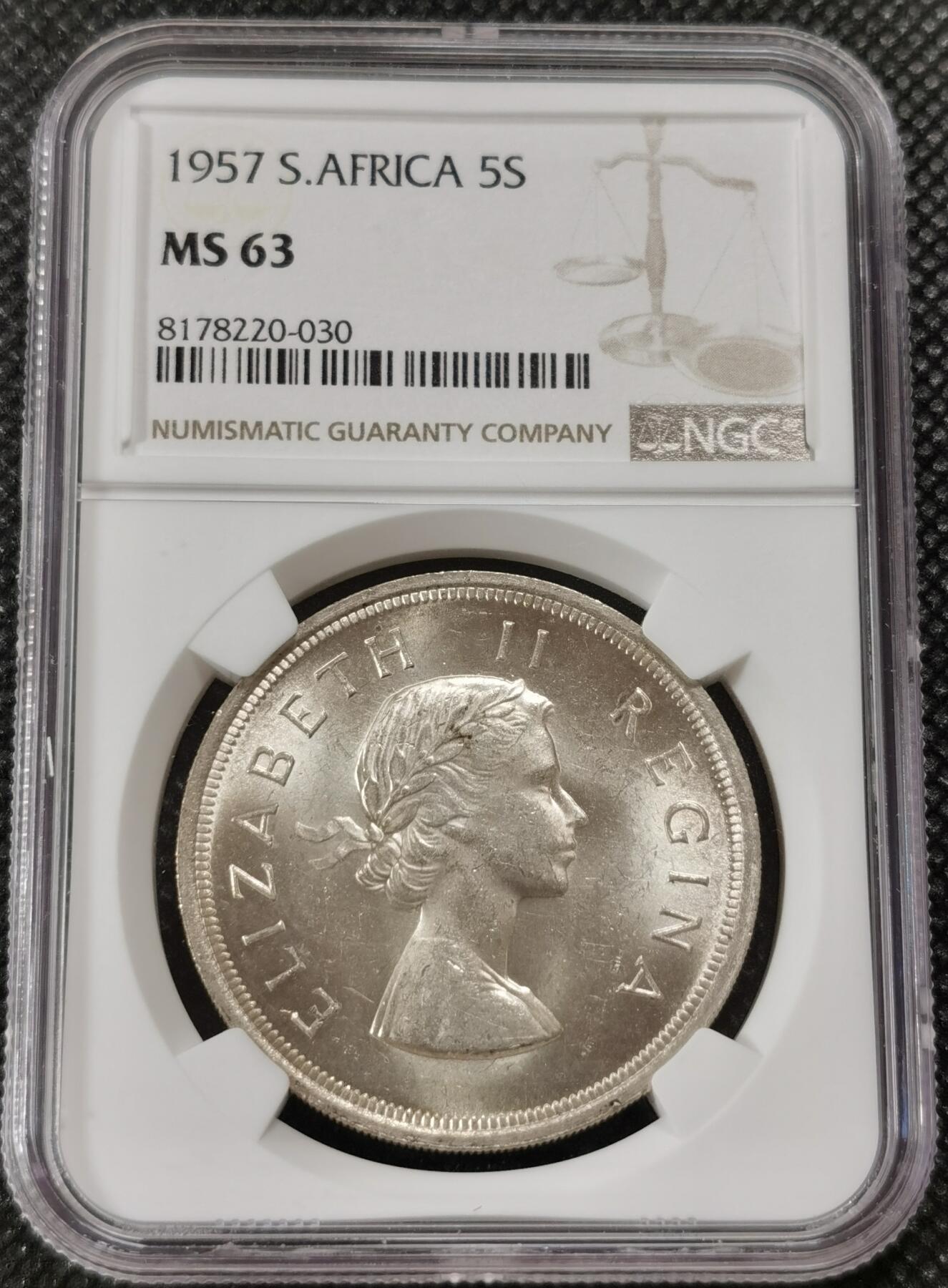 甄臻铺-世界钱币拍卖-南非西非东非专场（第10期）送拍享返佣金等优惠多多 NGC-MS63 英属南非 1957 5先令 银币 原味包浆，币面漂亮