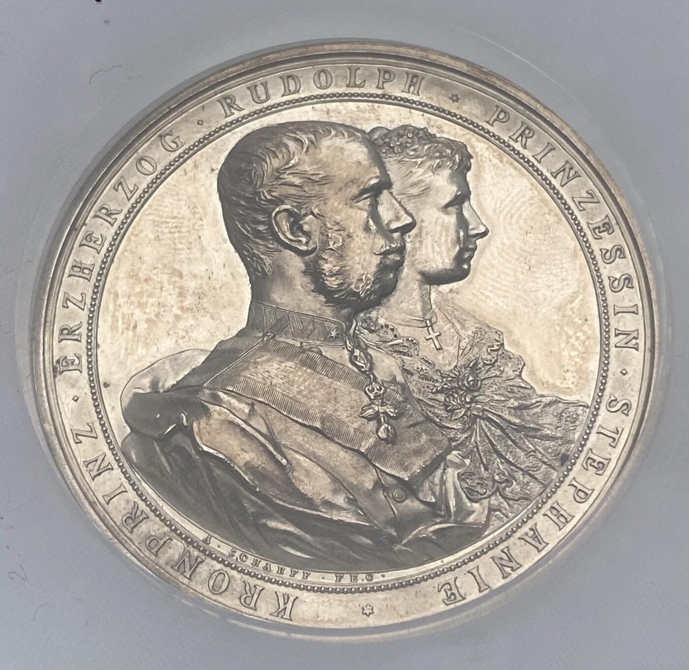 万国钱币拍卖第043期 NGC MS61 1895年奥地利皇储鲁道夫与比利时利奥波德二世女儿斯蒂芬妮公主结婚纪念大银章 维也纳造币厂铸 51MM 61.01G 高浮雕皇家大规格