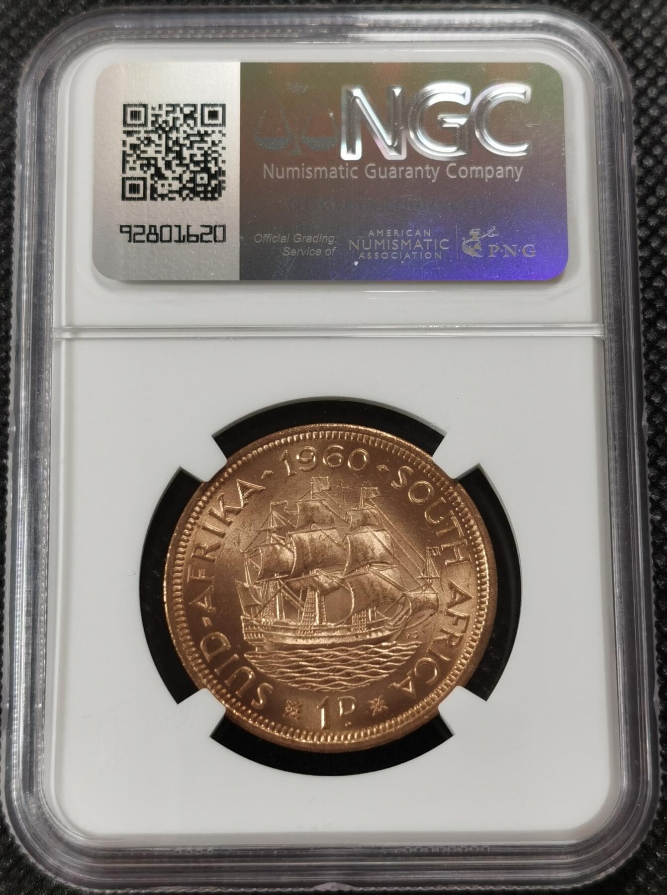 甄臻铺-世界钱币拍卖-南非西非东非专场（第10期）送拍享返佣金等优惠多多 NGC-MS65 英属南非 1960 1便士 原味包浆，币面漂亮