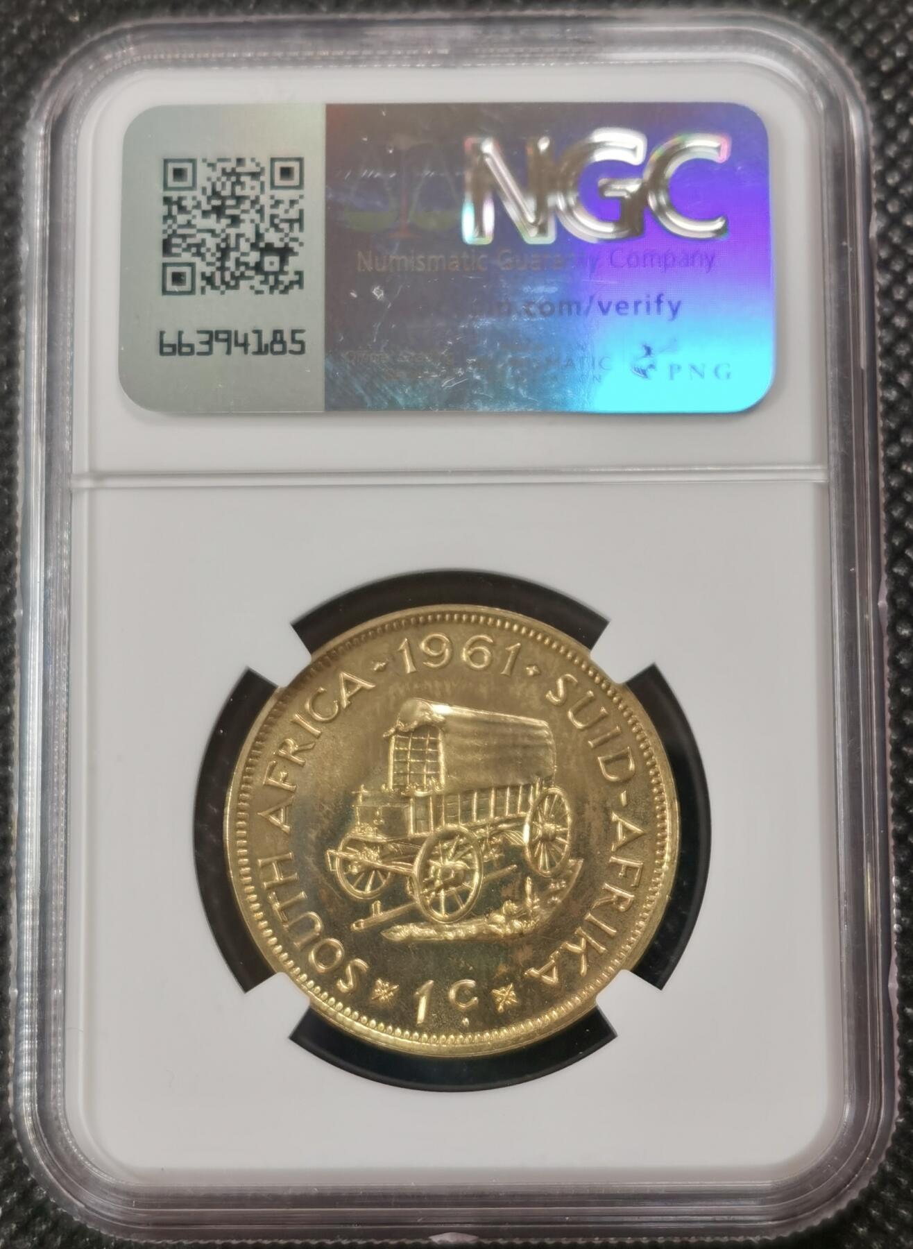 甄臻铺-世界钱币拍卖-南非西非东非专场（第10期）送拍享返佣金等优惠多多 NGC-PF63 南非 1961 1分 吕贝克首年精制铜币 币面转光，少见